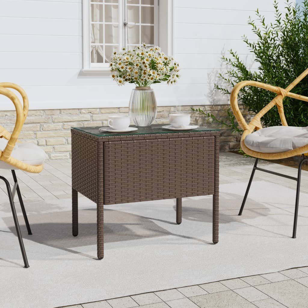 furnicato Beistelltisch und Poly (1-St) Rattan cm Hartglas Braun 53x37x48