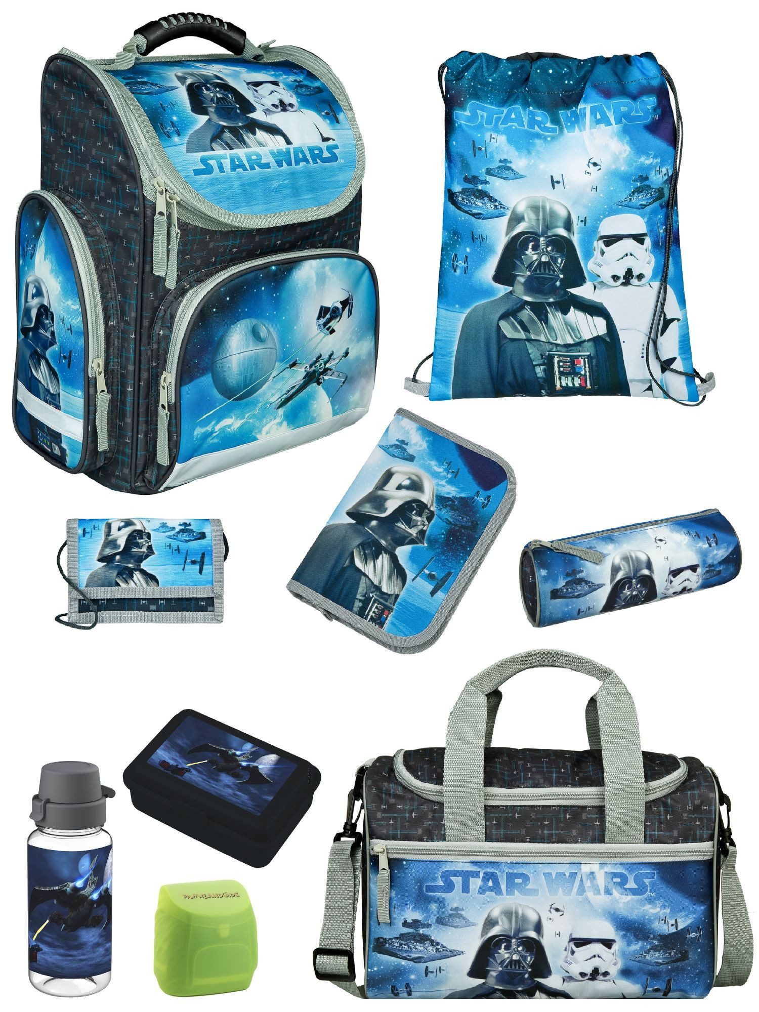 Familando Schulranzen Clou Star Wars Schultasche, Darth Vader, blau, ab 1. Klasse (Erweitertes Set, 9-tlg., mit Lunch-Set und Sporttasche), kompakt, mit 2-Wege-Reißverschluss