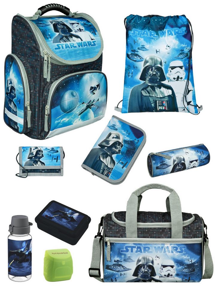 Familando Schulranzen Clou Star Wars Schultasche, Darth Vader, blau, ab 1. Klasse (Erweitertes Set, 9-tlg., mit Lunch-Set und Sporttasche), kompakt, mit 2-Wege-Reißverschluss