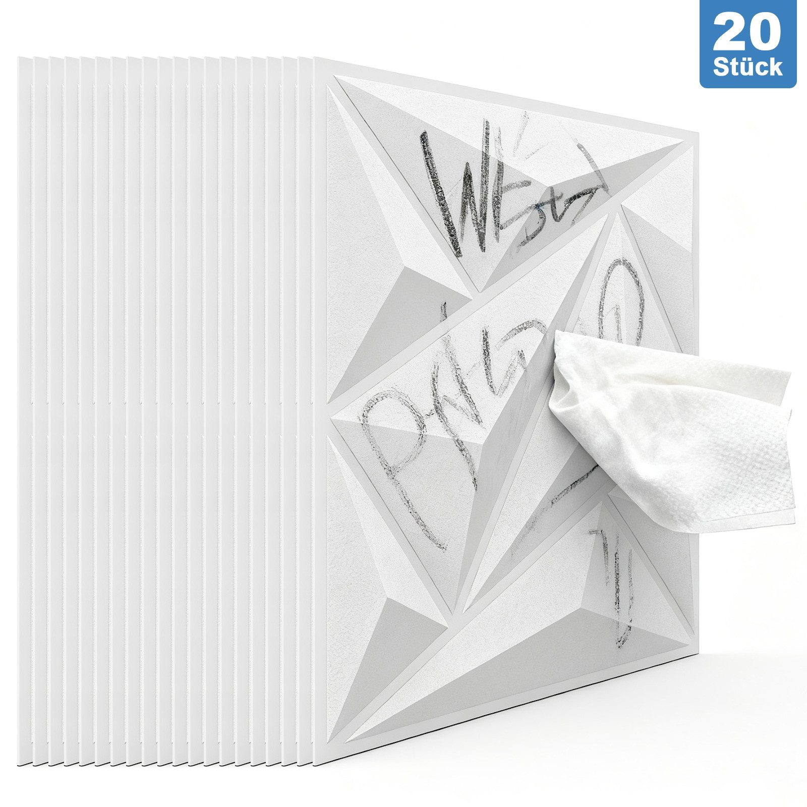 Rhein Beleuchtung 3D Wandpaneel 20 Stück 3D Стінові панелі Diamant Design – Hochsteifes PVC, 30×30 cm, 0,09 qm, (Nicht verformbar, leicht zu reinigen – für Wohnzimmer, Büro & Studio) Wasserfest, hitzebeständig & geruchsneutral – langlebig & recycelbar