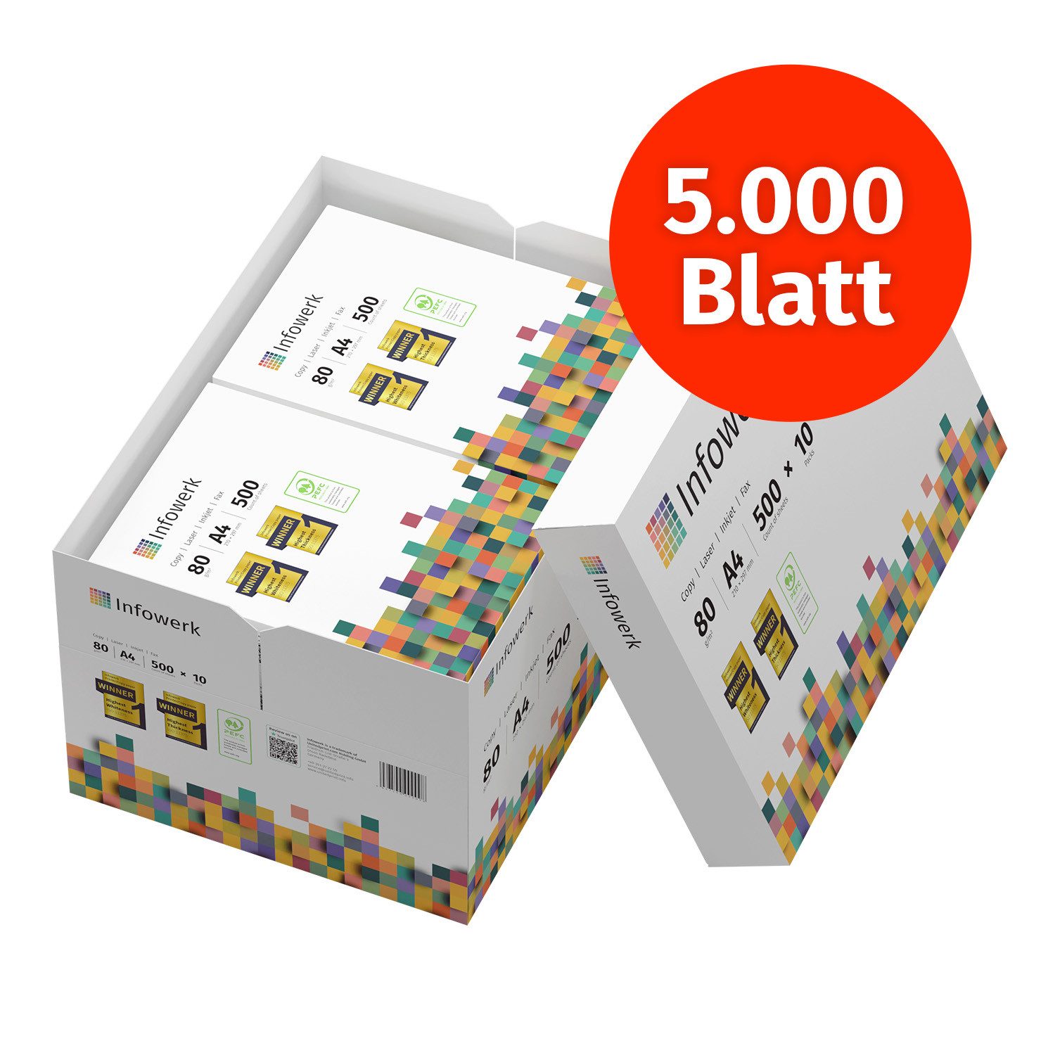 Infowerk Druckerpapier Druckerpapier/Kopierpapier, 5.000 Blatt (10x500 Blatt) DIN A4, 80 g/m²