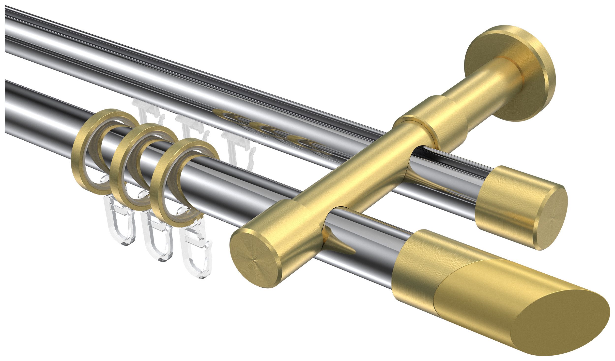 INTERDECO Gardinenstange Prestige Verano, Ø 20 mm, 2-läufig, Fixmaß, kürzbar, Wandmontage, Aluminium, Chrom / Messing-Optik / Bicolor