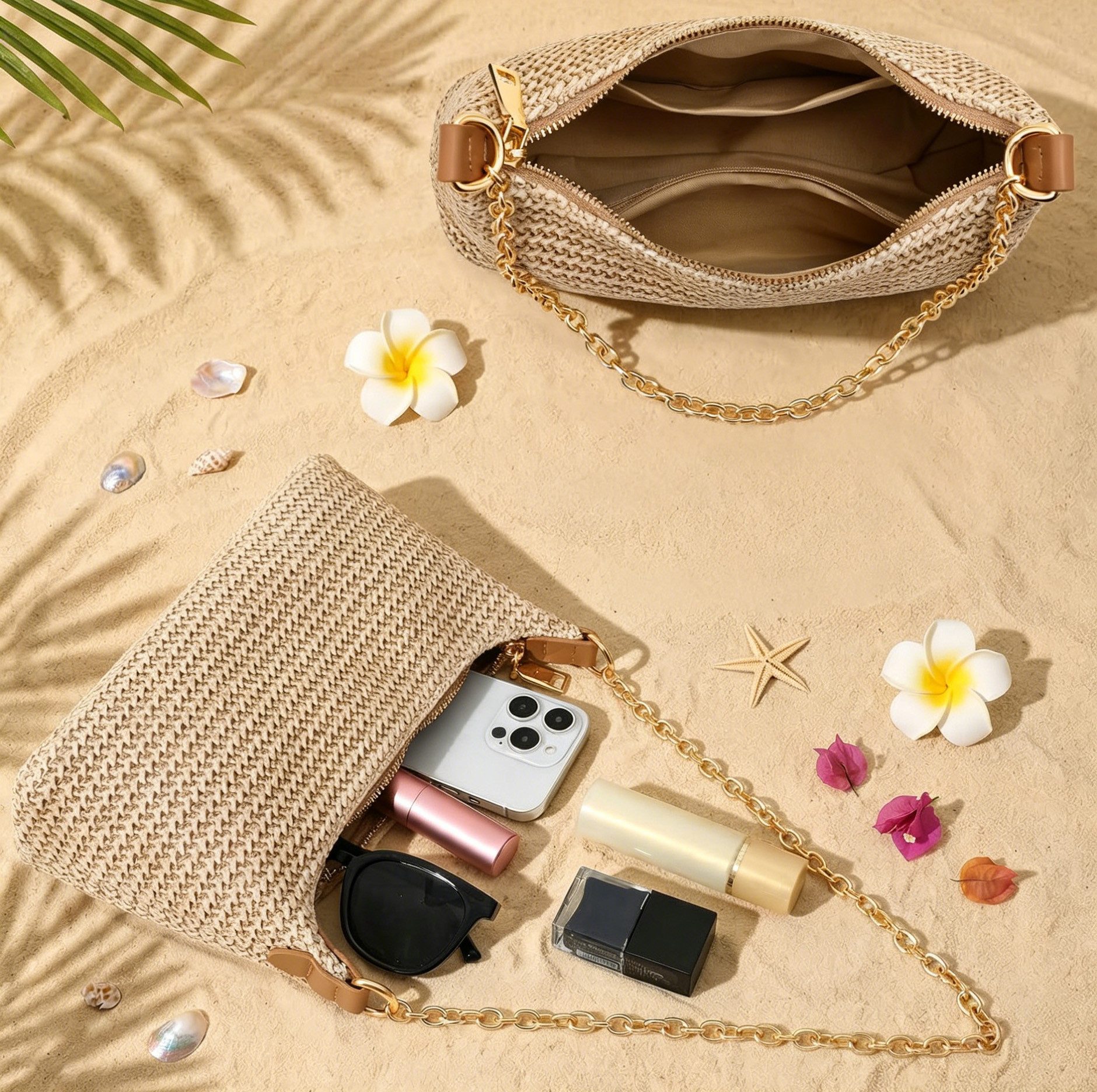 Zaewry Umhängetasche Boho-Stil geflochtene Umhängetasche, Damen-Strandtasche, Sommer-Strohtasche, Damen-Schultertasche mit Kette – Bild 5 von 5
