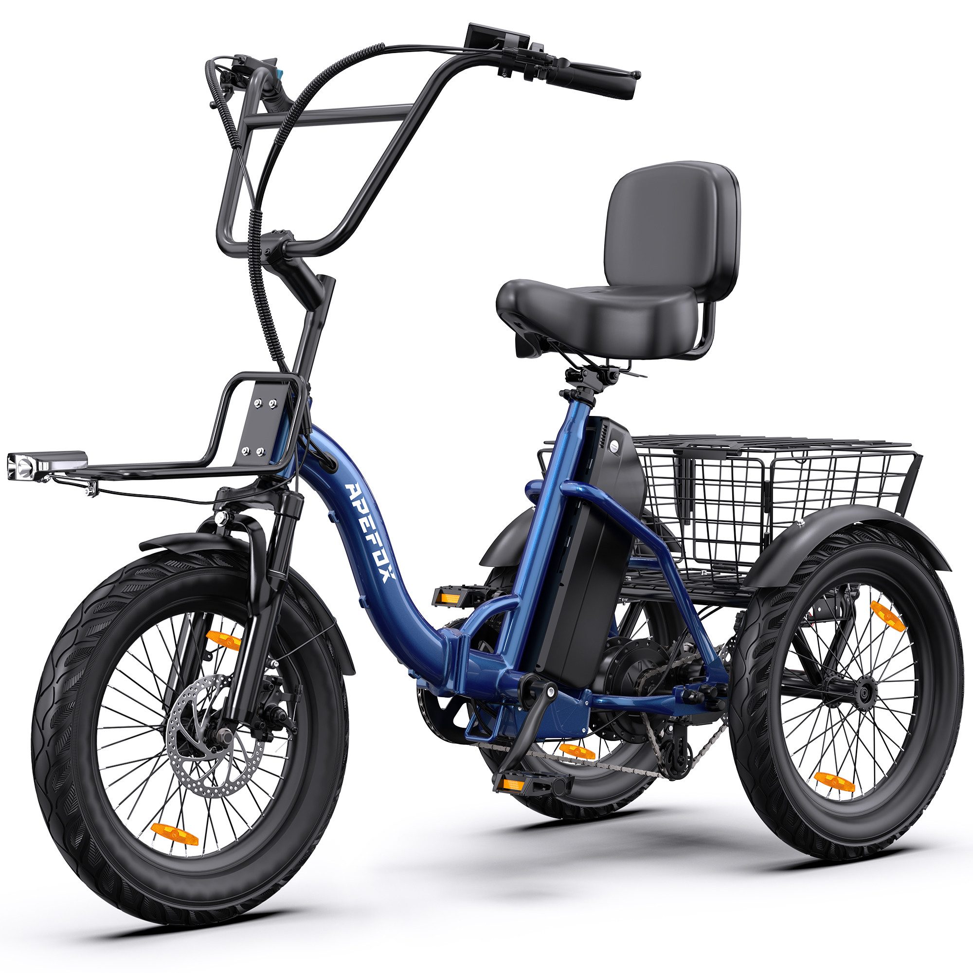 Vankel E-Bike Cityrad Elektro-Dreirad Herren u. Damen Erwachsene 3 Rad 80km 720Wh faltbar, Kettenschaltung, Heckmotor, 720 Wh, Pedelec mit Korb & Rückenlehne, 7 Gang, 48V 15Ah Akku, blau