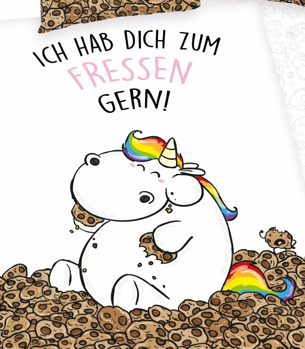 Herding Jugendbettwäsche Einhorn Biber Flanell Wende Bettwäsche 2 tlg. 135x200cm Pummeleinhorn, Biber, 2 teilig, Ich hab Dich zum Fressen gern, warme Bettwäsche mit Wendemotiv