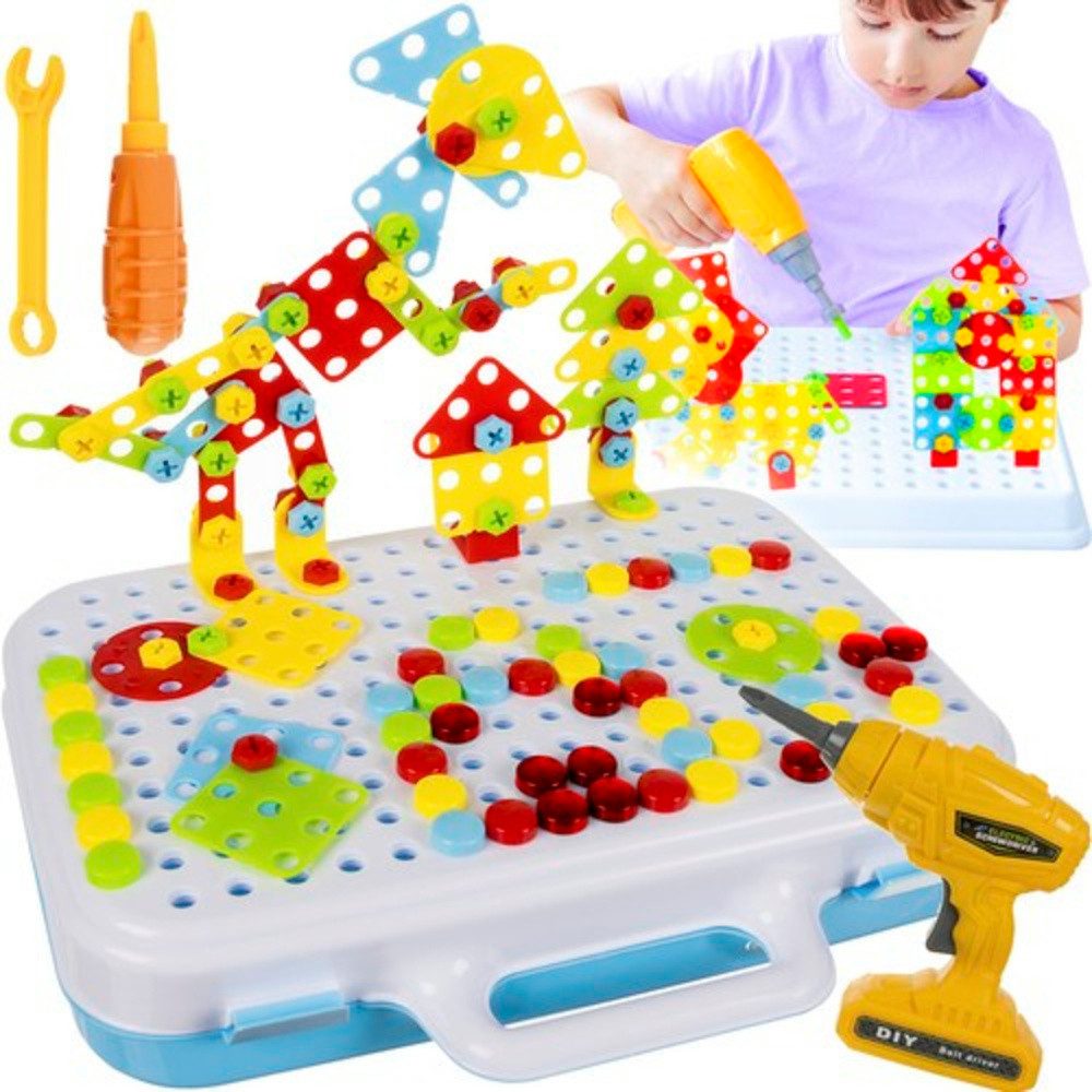 ISO TRADE Lernspielzeug Kreativ-Mosaik Schraubendreher (Spar-Set, 196-St., Geschicklichkeit), 127 Schrauben, 37 Muttern, 16 Formen und 12 Verbindungselemente