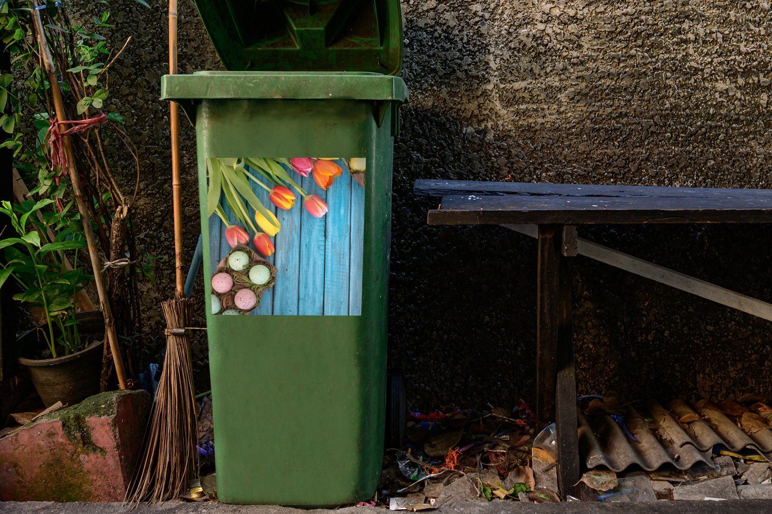 einem Tulpen Ostern auf Sticker, Mülleimer-aufkleber, zu Mülltonne, und bunte Wandsticker (1 hölzernen Abfalbehälter St), Container, Ostereier Hintergrund MuchoWow