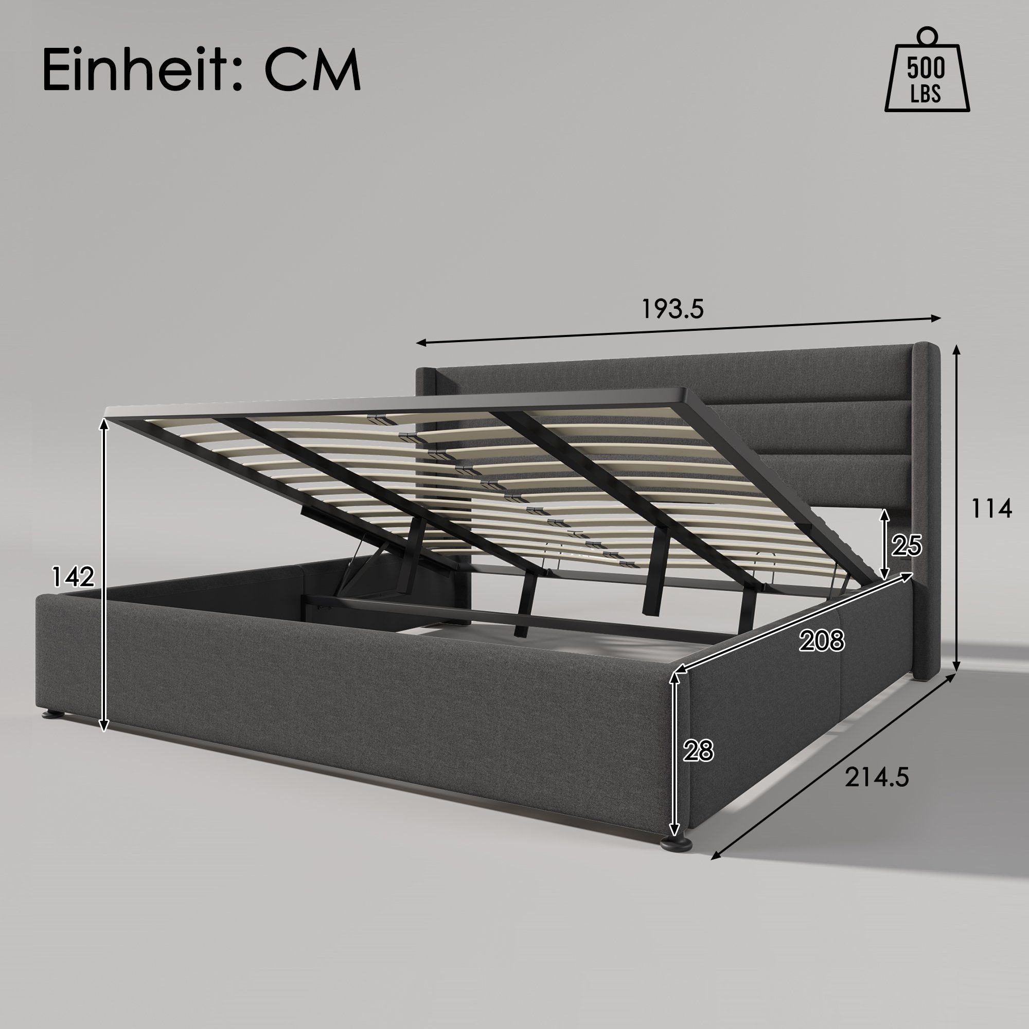 Flieks Funktionsbett cozy, Stauraumbett Hydraulisches Doppelbett Leinen 180x200cm – Bild 4 von 5