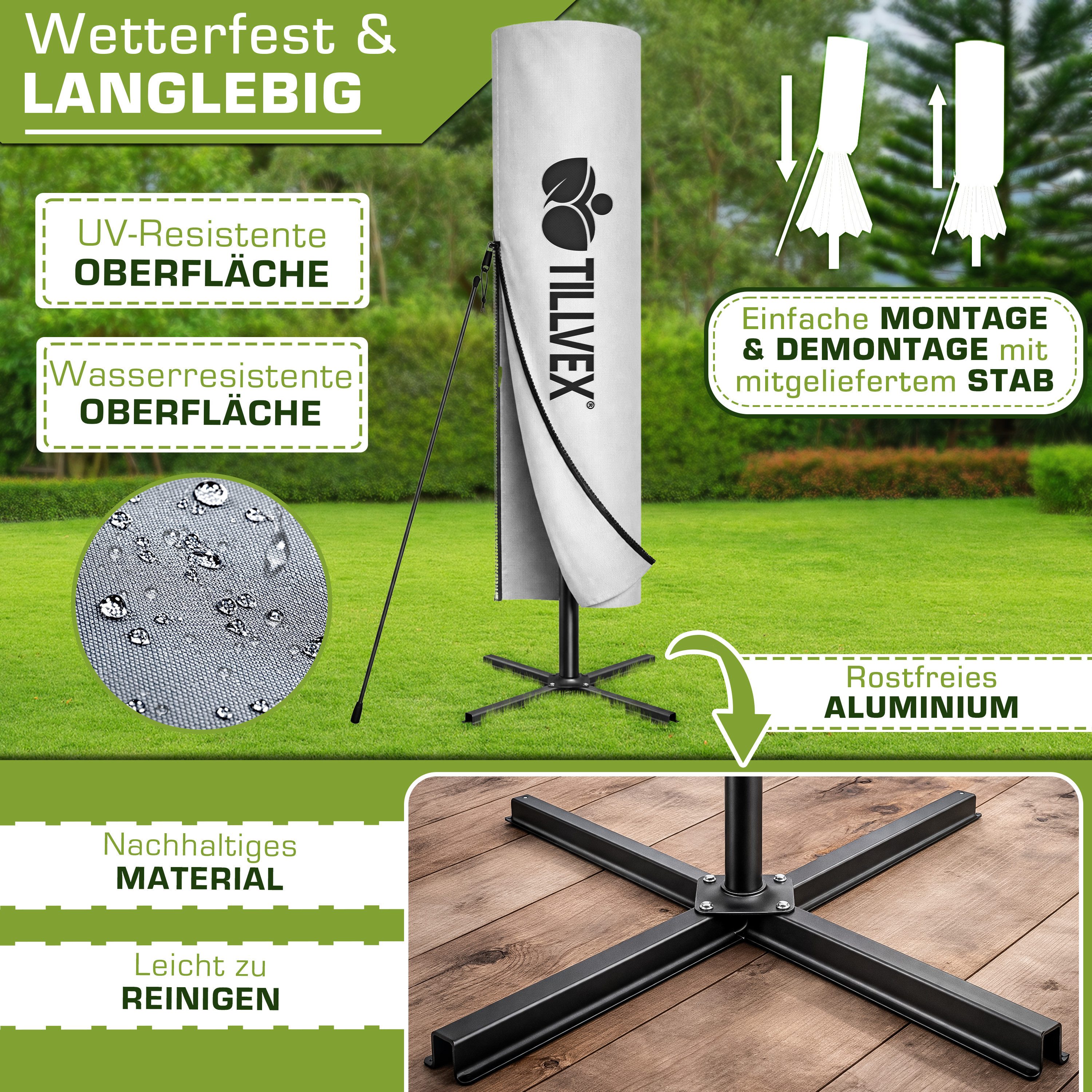 tillvex Sonnenschirm 300-350 cm Kurbel Ampelschirm mit Ständer, Abdeckung & Windsicherung, Gartenschirm UV-Schutz Aluminium – Bild 4 von 5