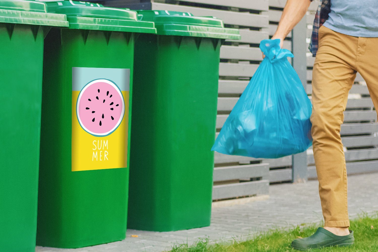 Container, Obst MuchoWow Wandsticker Mülltonne, Sticker, St), (1 - Wassermelone Abfalbehälter Mülleimer-aufkleber, - Gelb