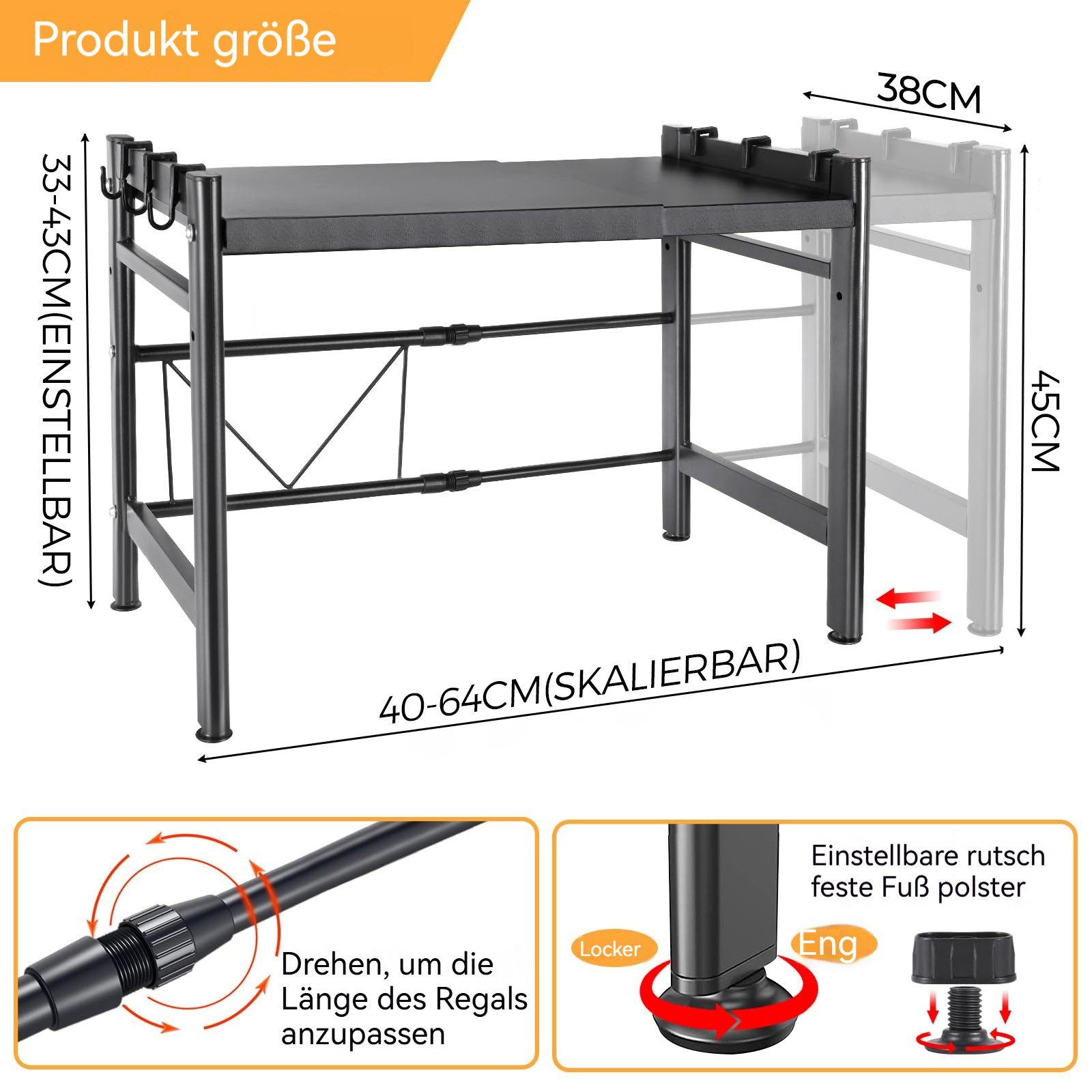 PFCTART Küchenregal Verstellbares Mikrowellenregal aus Karbonstahl, 2-stufiges Mikrowellenregal für die Küche, schwarz 1-tlg., Küchenregal mit 6 Haken, 40–64 cm – Bild 5 von 5