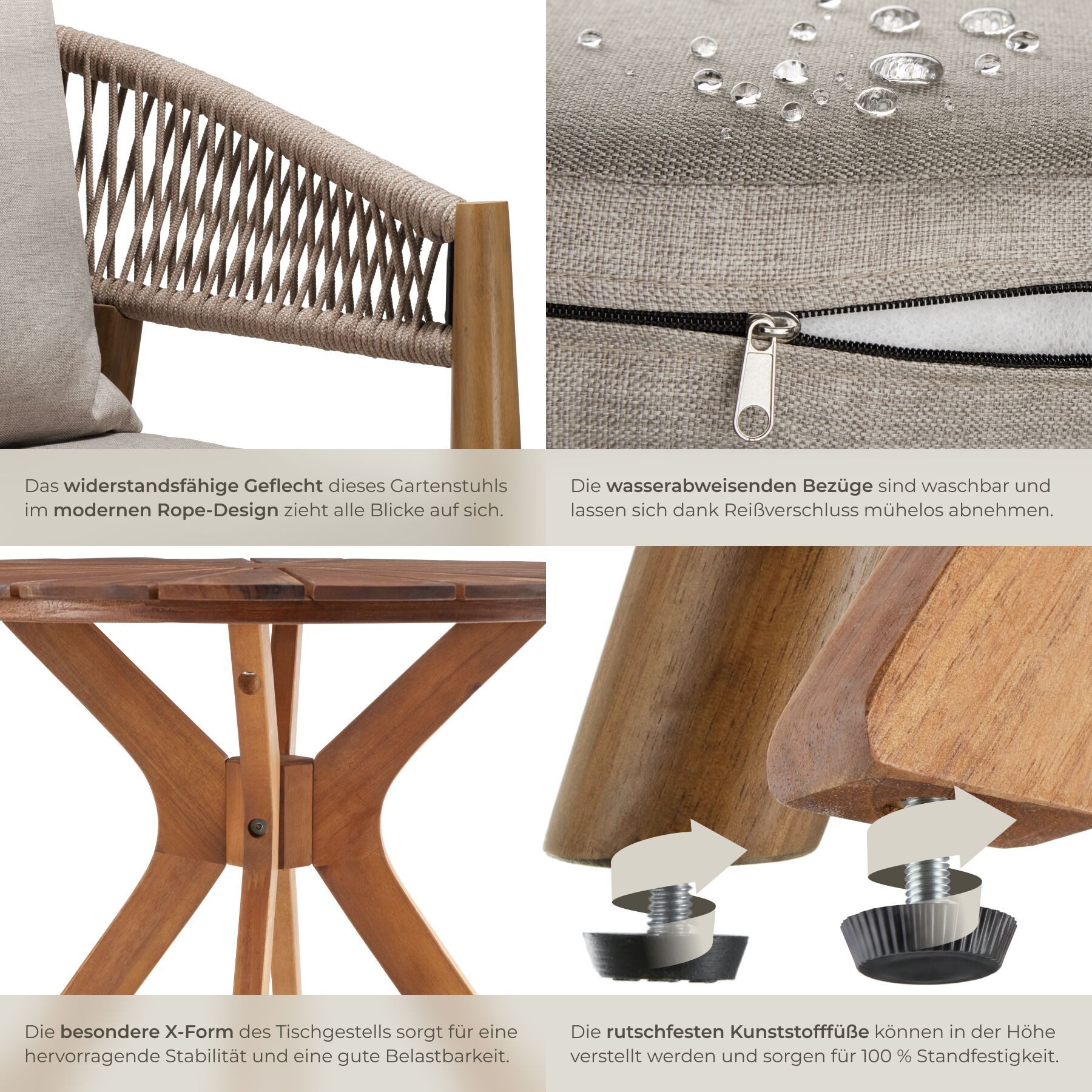 tectake Gartenlounge-Set Runder Tisch aus Akazienholz mit Sonnenmuster, wetterfest, (Balkonmöbel Set 3-Teilig, 3-tlg., in Sand), wasserabweisende Polyesterbezüg – Bild 5 von 5