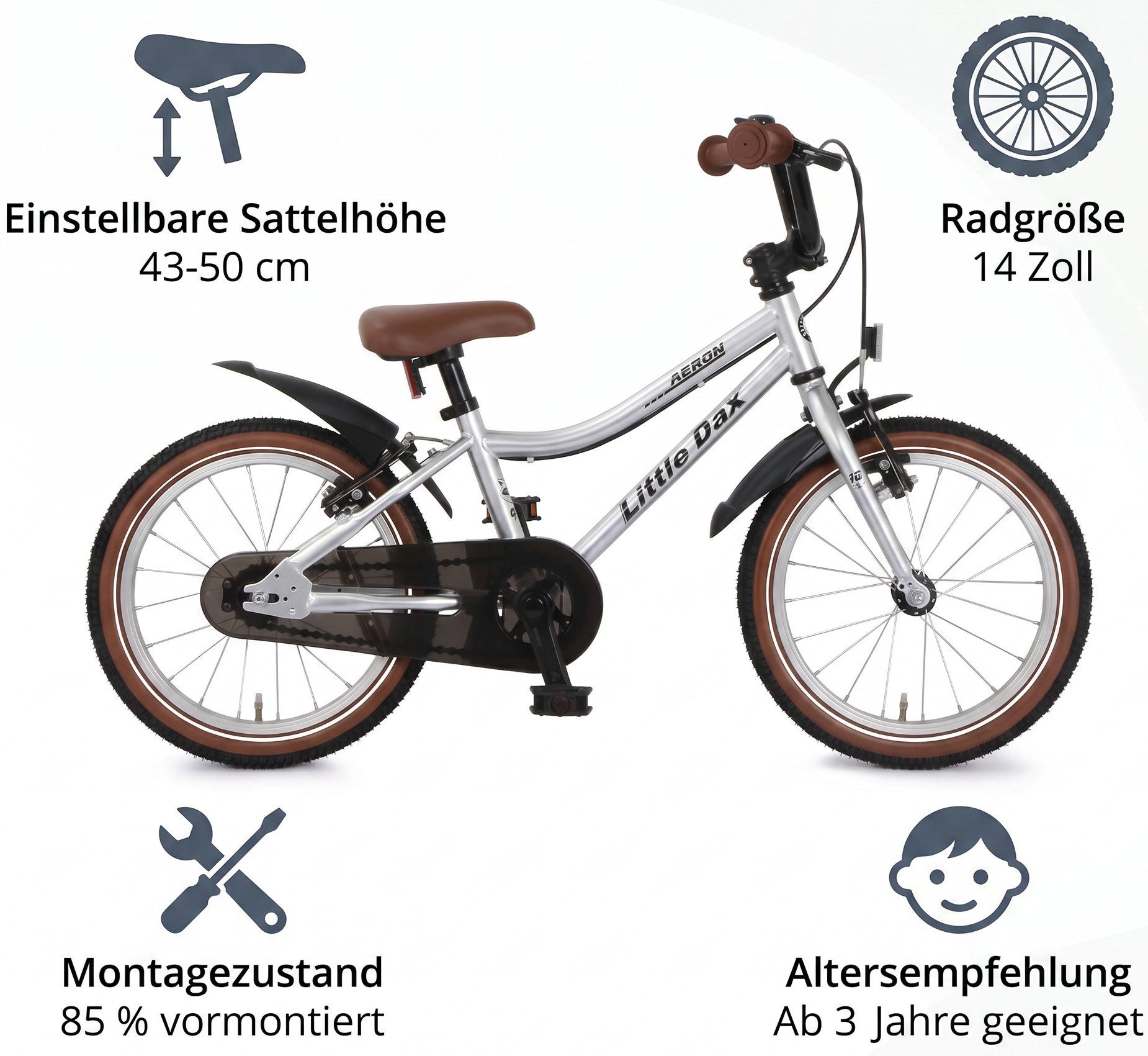 Bachtenkirch Kinderfahrrad Little Dax Fahrrad ab 3 Jahre leicht Jungen Mädchen 14 16 18 Zoll, Wählbar. Silber, Blau, Rot, 14 Zoll, 16 Zoll, 18 Zoll