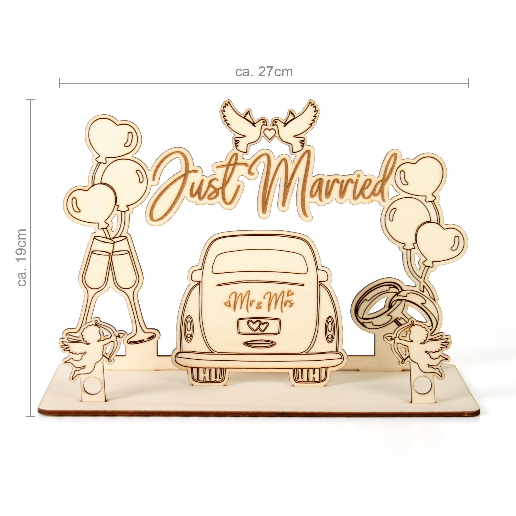 Geschenk-Aufsteller Hochzeitskarte 3D Dekorativer „Just Geldgeschenk-Deko originelle Holz Feder Hochzeit, Kreative Married“ zur aus