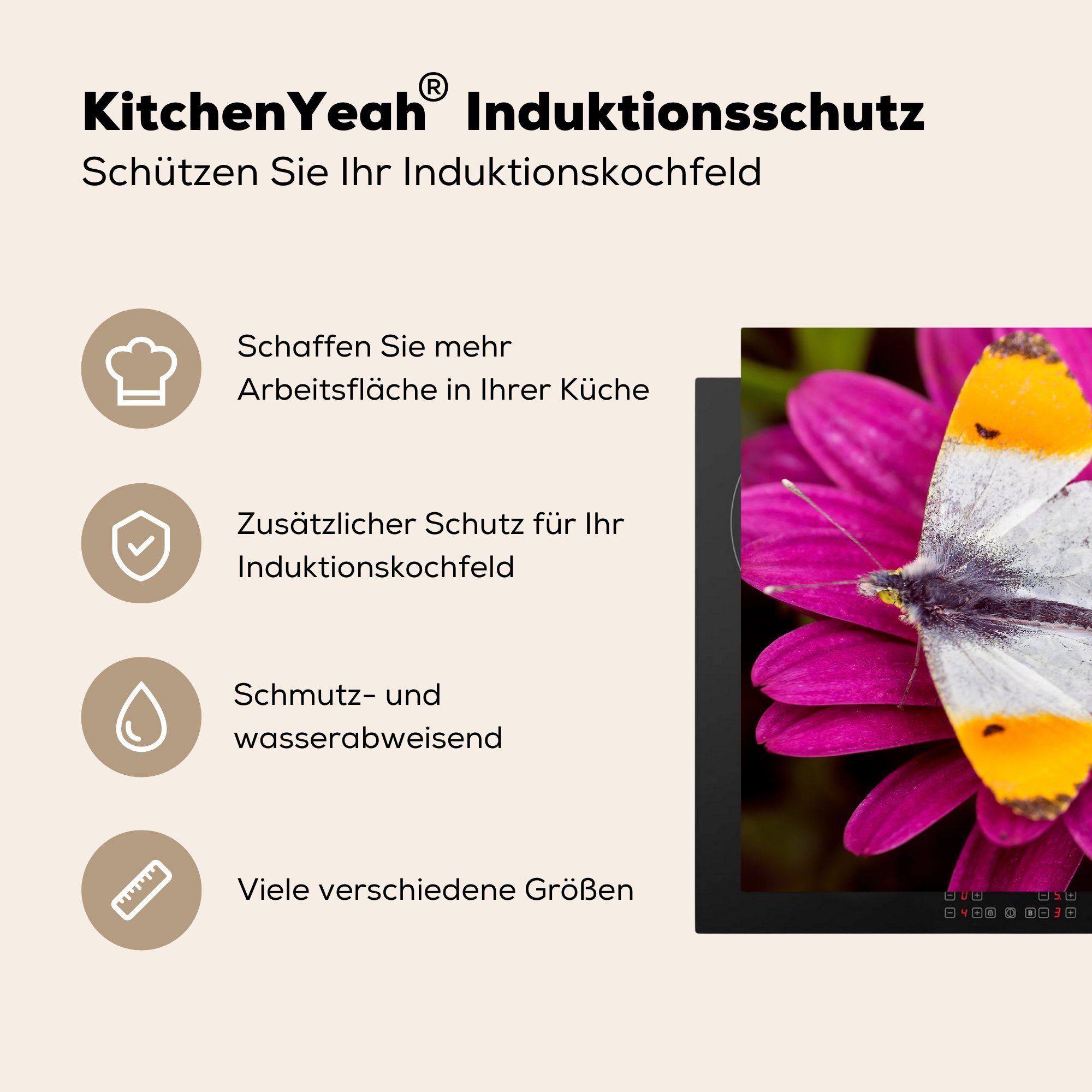 Vinyl, tlg), orangefarbener Spitze cm, für mit 81x52 einer Schutz Blüte, die Herdblende-/Abdeckplatte rosa MuchoWow Ceranfeldabdeckung küche, Schmetterling (1 Induktionskochfeld auf
