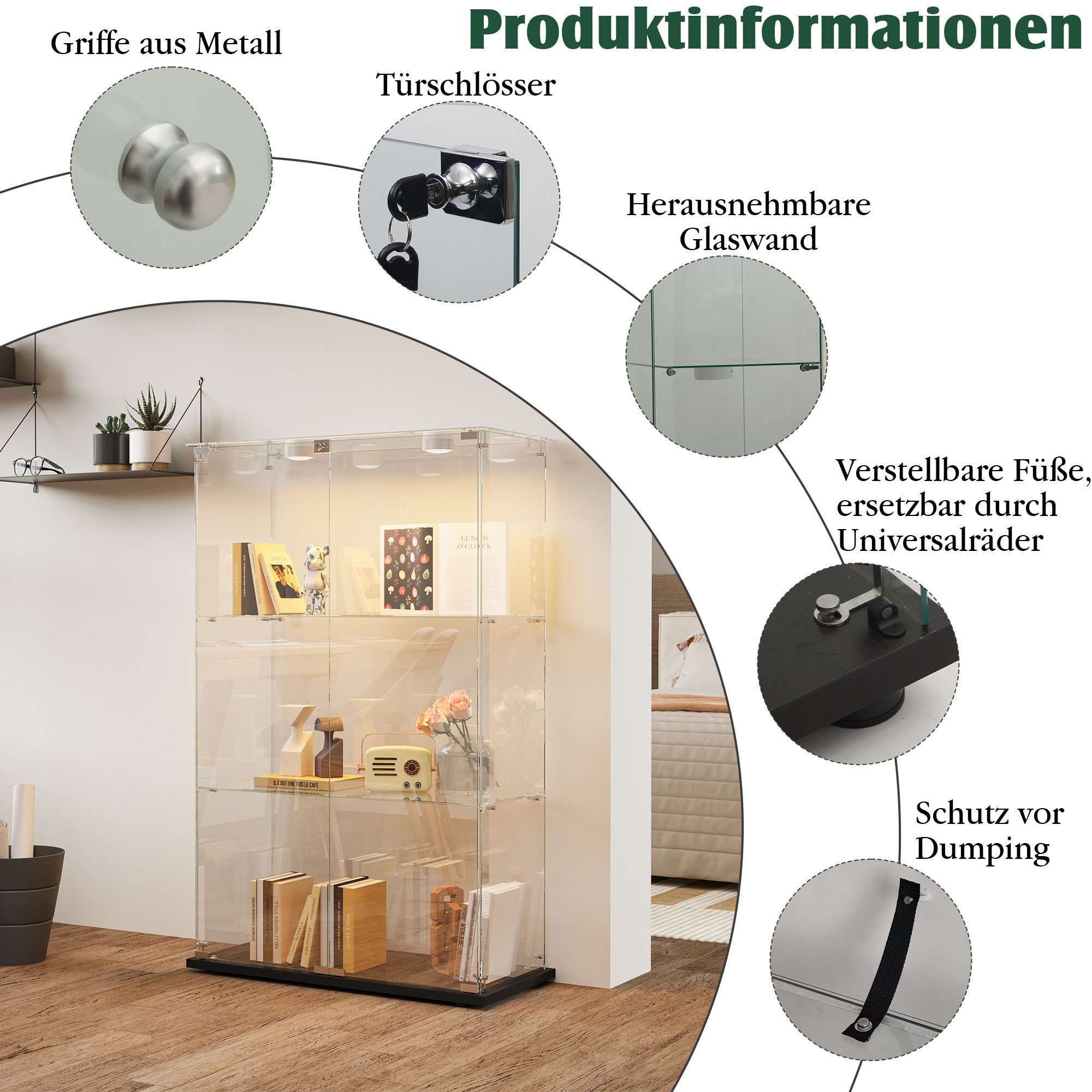 Simurq Glasvitrine Standvitrinen mit LED Beleuchtung Vitrinenschrank mit Glastür (glas vitrine mit 2 Glastür und 3 Lagen,Schloss,Kippsicherung) Sammlervitrine aus gehärtetes Glas,Modernes rahmenloses Design
