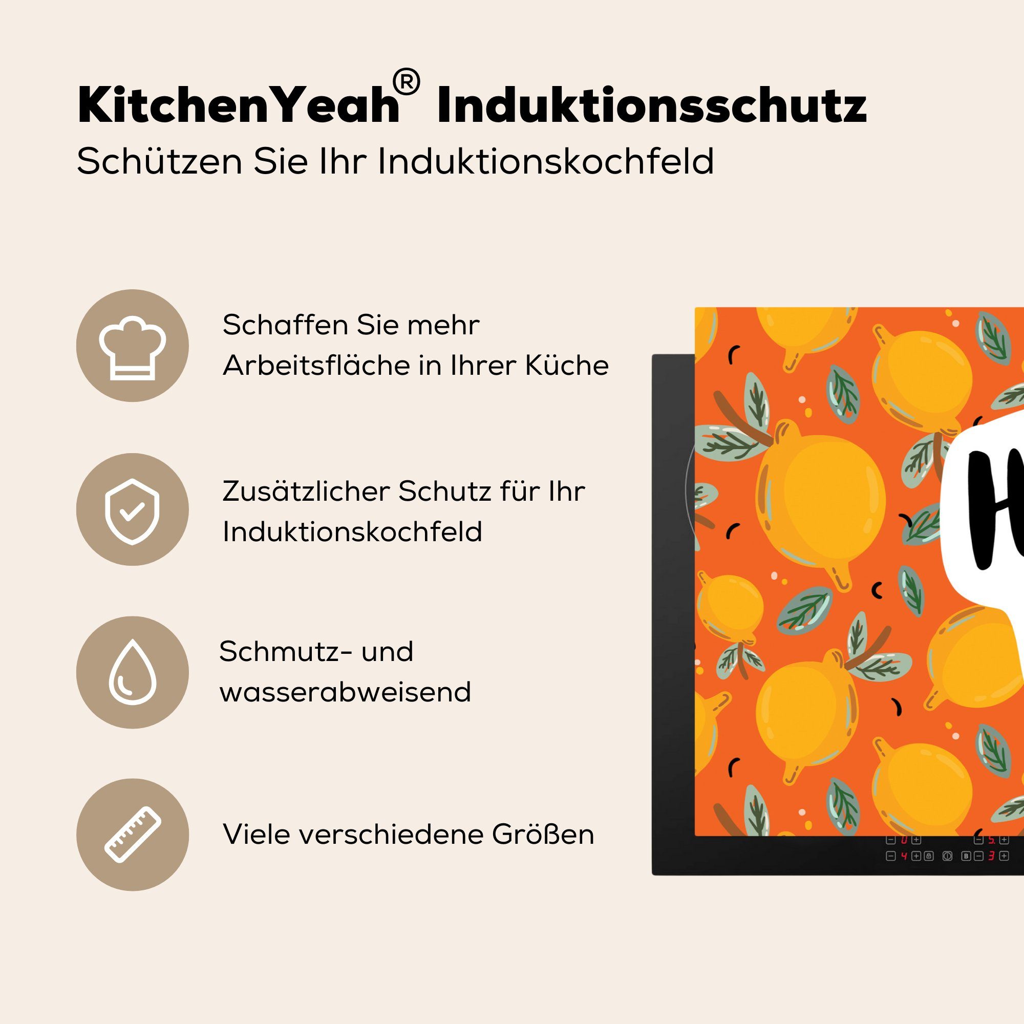 Orange, 81x52 für küche, tlg), Zitrone Sommer Herdblende-/Abdeckplatte - Vinyl, cm, Induktionskochfeld MuchoWow - die Ceranfeldabdeckung Schutz (1