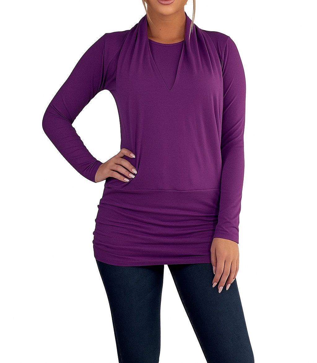 Langarmshirt Damen Longsleeve mit Wasserfallkragen – Baumwolle Stretch Shirt Felic.