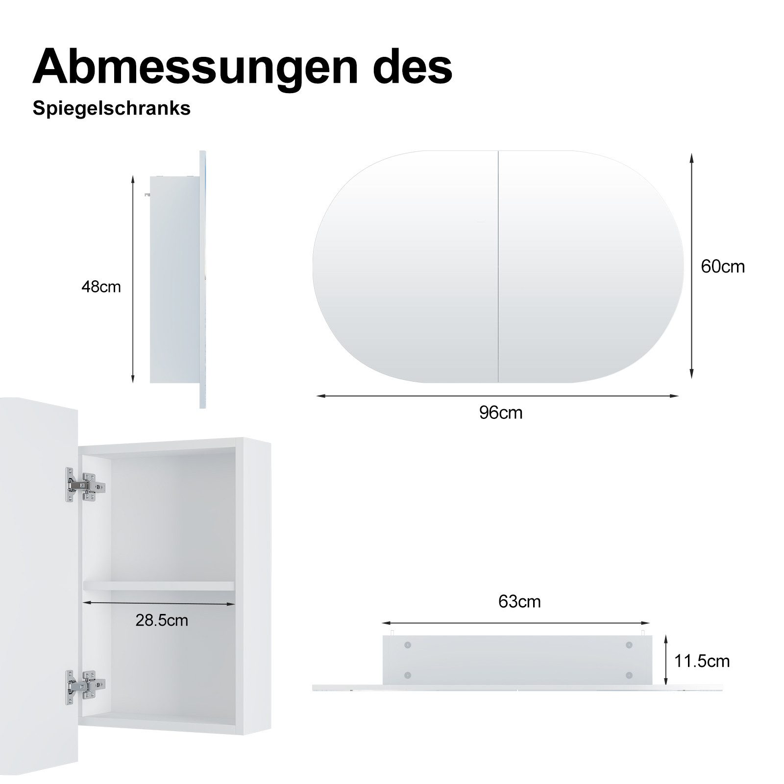 radelldar Spiegelschrank Bad mit Spiegel, 5 Fächer, hängend, 96x12x60 cm (1-St) Badschrank modern mit 3 festen Einlegeböden für Badezimmer