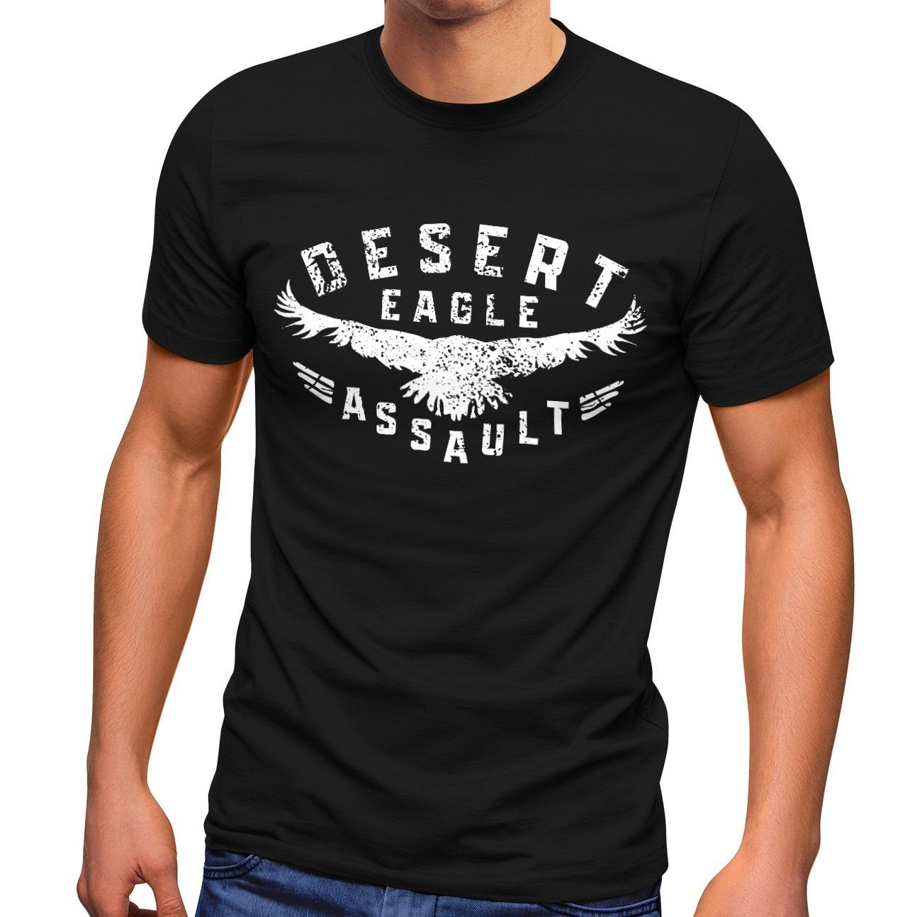 Desert Neverless® Print Assault Herren Eagle Print-Shirt T-Shirt schwarz Printshirt Streetstyle Aufschrift Fashion Adler mit Neverless
