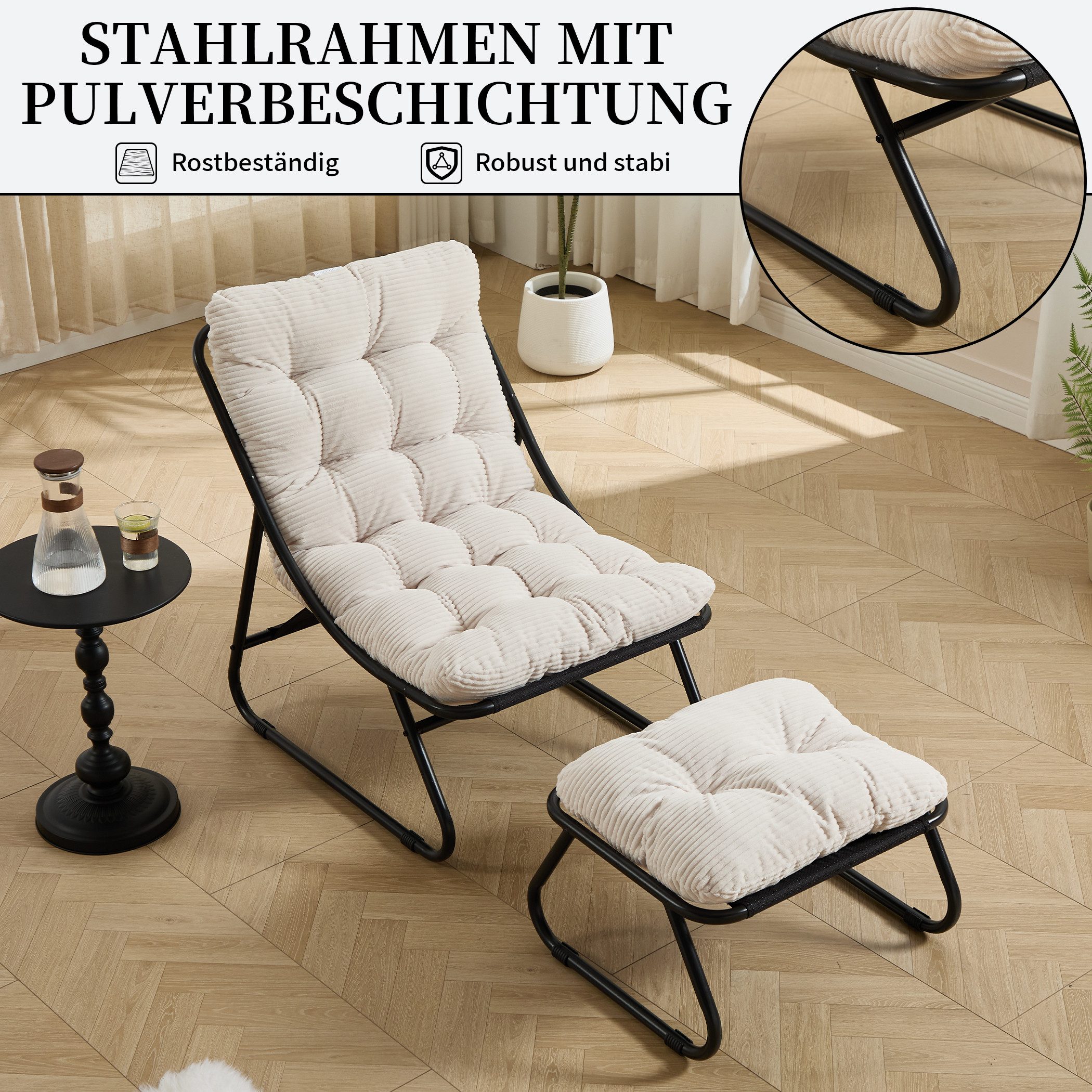 SeedWave Loungesessel mit Ottoman Liegestuhl Stahlgestell Gartenstuhl mit Trennbaren Pölster (bestehend aus Sessel und Hocker), Outdoor Terrassenstuhl für Garten usw. Außenbereich
