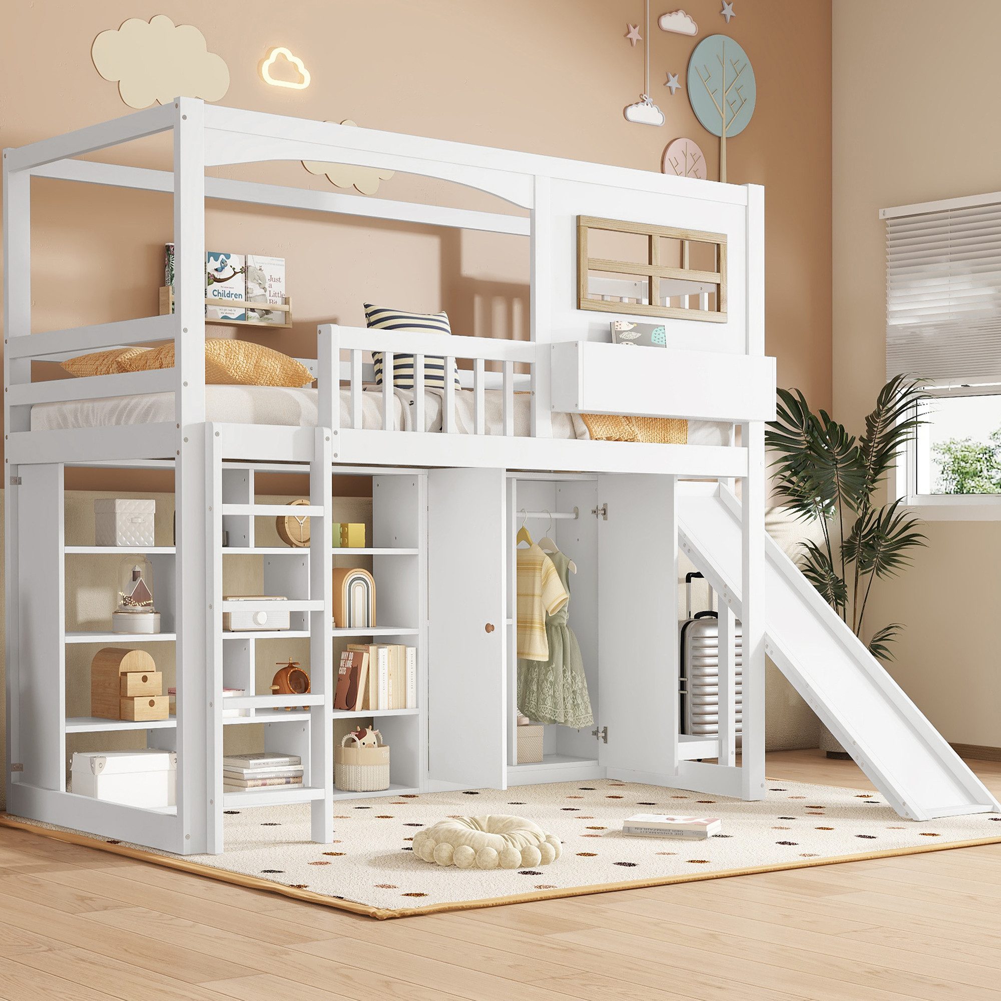 STILVORA Kinderbett mit Rutsche,90×200 Kinderbett Jugendbett mit Kleiderschrank&Ablagefach (Kinder Etagenbett mit Rutsche und Kleiderschrank, 90x200 cm), ohne Matratze