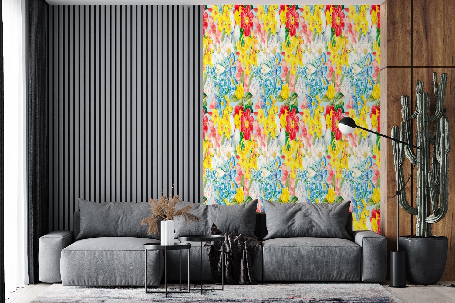 Vinyl Muster Blumen - MuchoWow Wohnzimmer, Farben, Matt, bedruckt, - Wandtapete Tapete Fototapete St), für Montagefertig (3