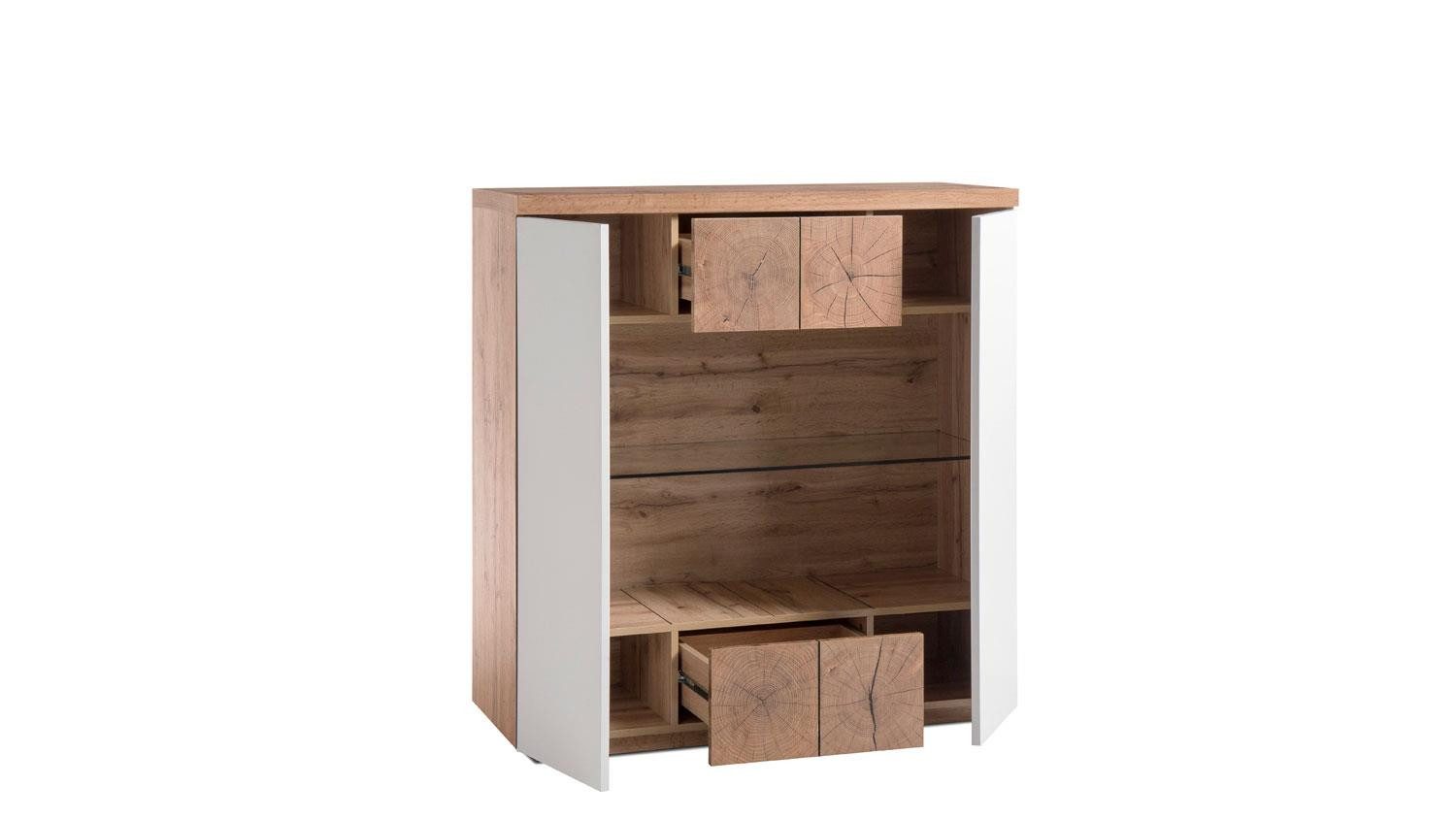 MCA living Highboard Highboard HELSINKI Kommode in weiß matt Lack und Eiche