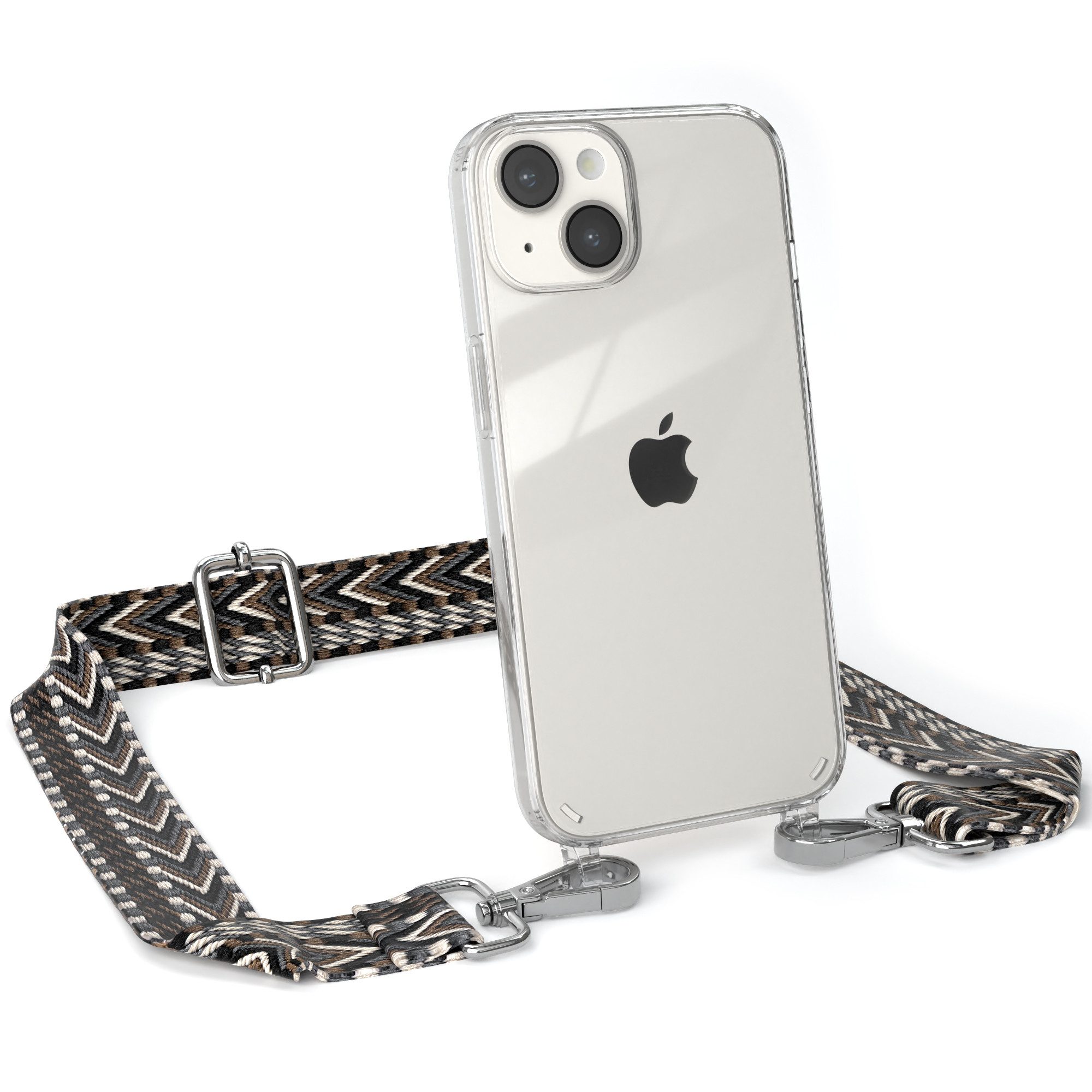 EAZY CASE Handykette Boho Umhängeband für Apple iPhone 14 6,1 Zoll, Cross Bag Handytaschenband Smartphonekette Schultertasche Schwarz