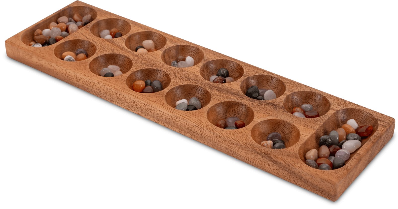 LOGOPLAY Spiel Kalaha Gr. L Brett aus einem Stück Mit Stoffbeutel, Gesellschaftsspiel, Kalaha das traditionelle Sammel- und Strategiespiel aus edlem Holz