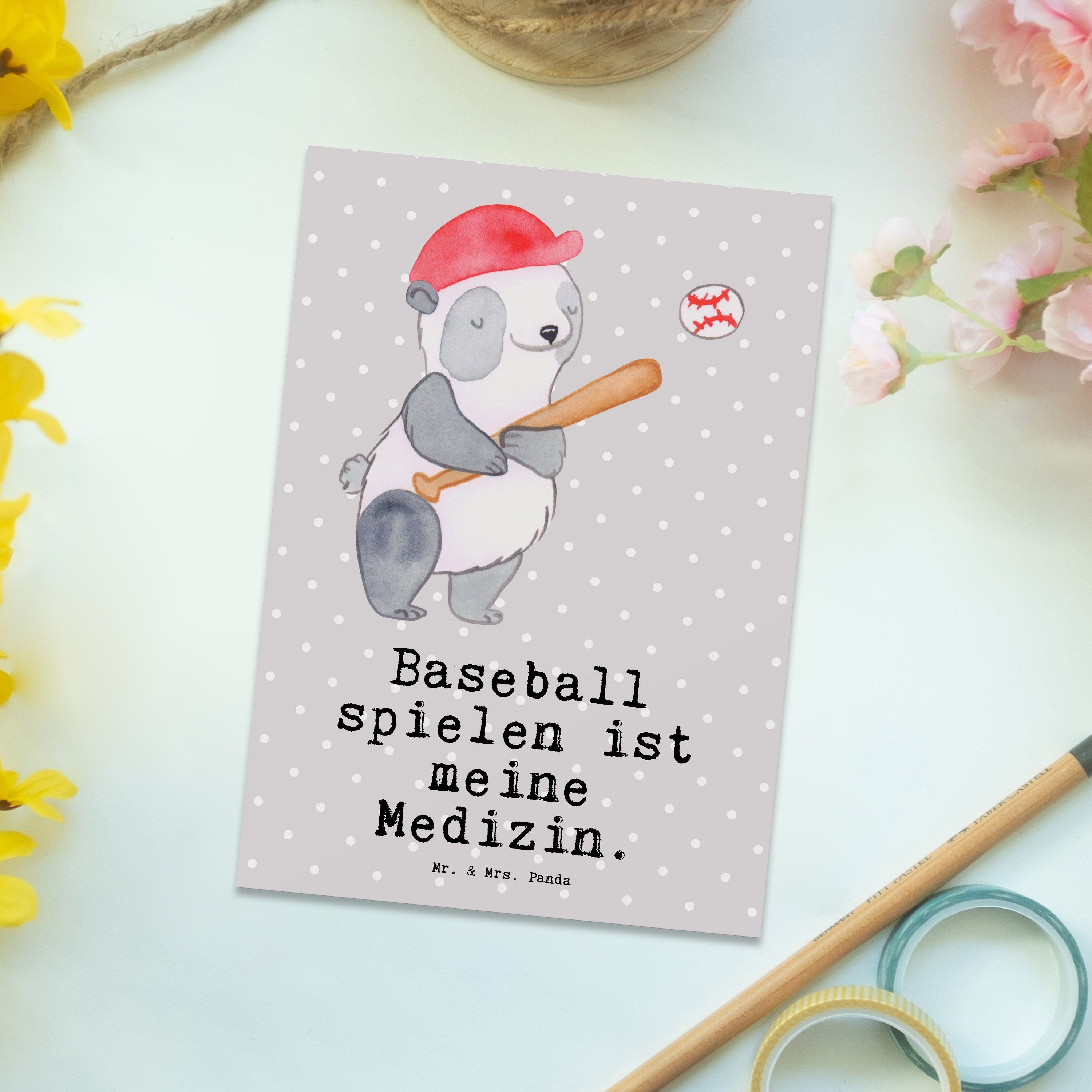 Mr. & Mrs. Panda Panda spielen Medizin Einl Pastell Postkarte Geschenk, Baseball - Grau - Sport