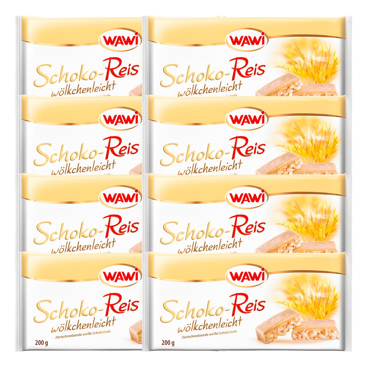 WAWI Schokolade, WAWI Schoko Reis Tafel in weißer Schokolade 200gramm 8er Pack