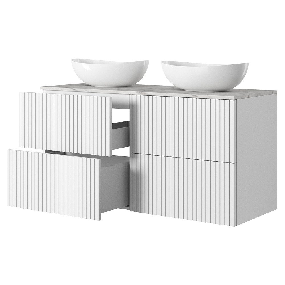 Lomadox Doppelwaschtisch NAVASOTA-141, 120 cm breit in weiß matt, marmorierte Platte, gerillte Front