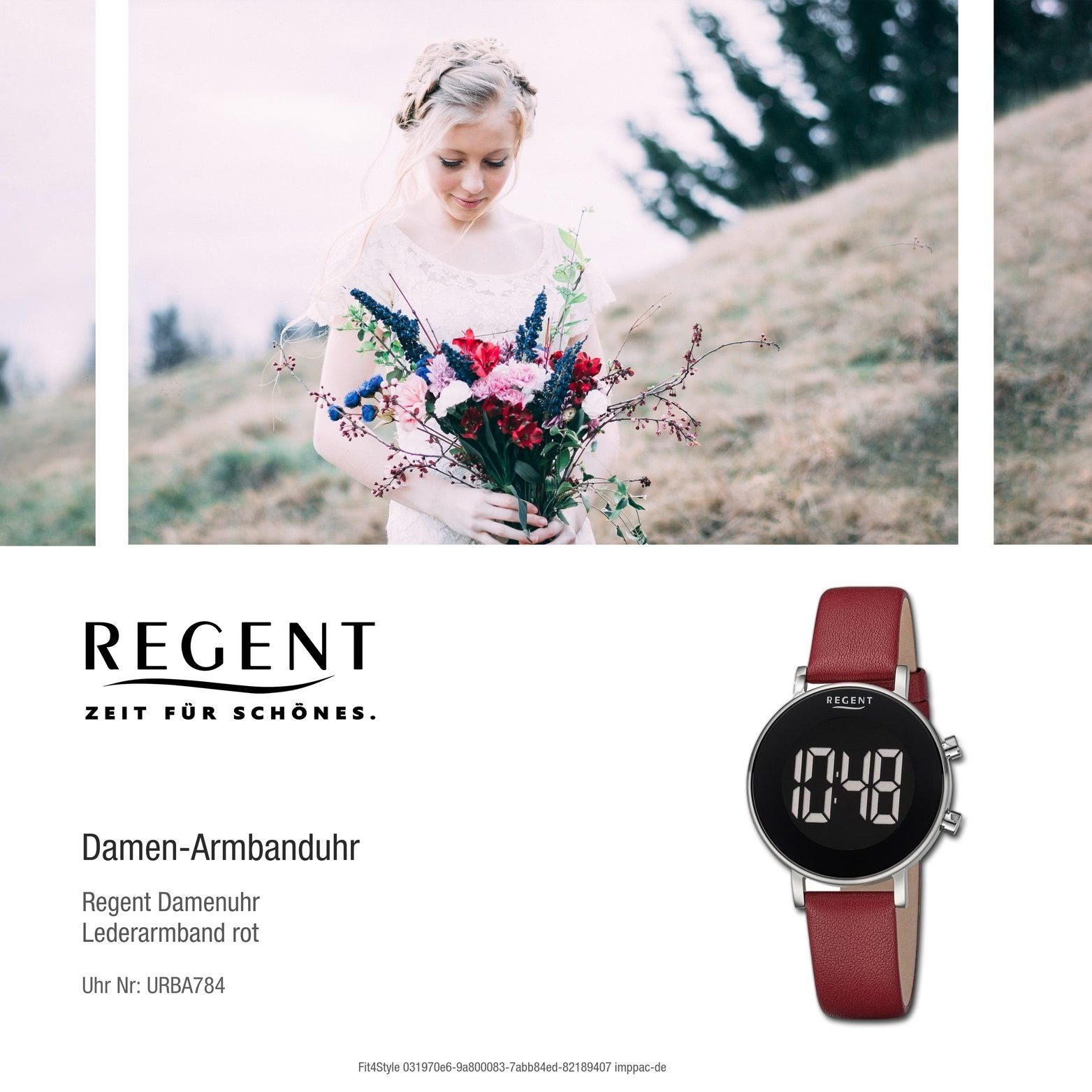 (ca. Lederarmband Gehäuse, Regent Damenuhr Armbanduhr Quarzuhr groß rot, Digital, Regent rundes extra Damen 34mm)