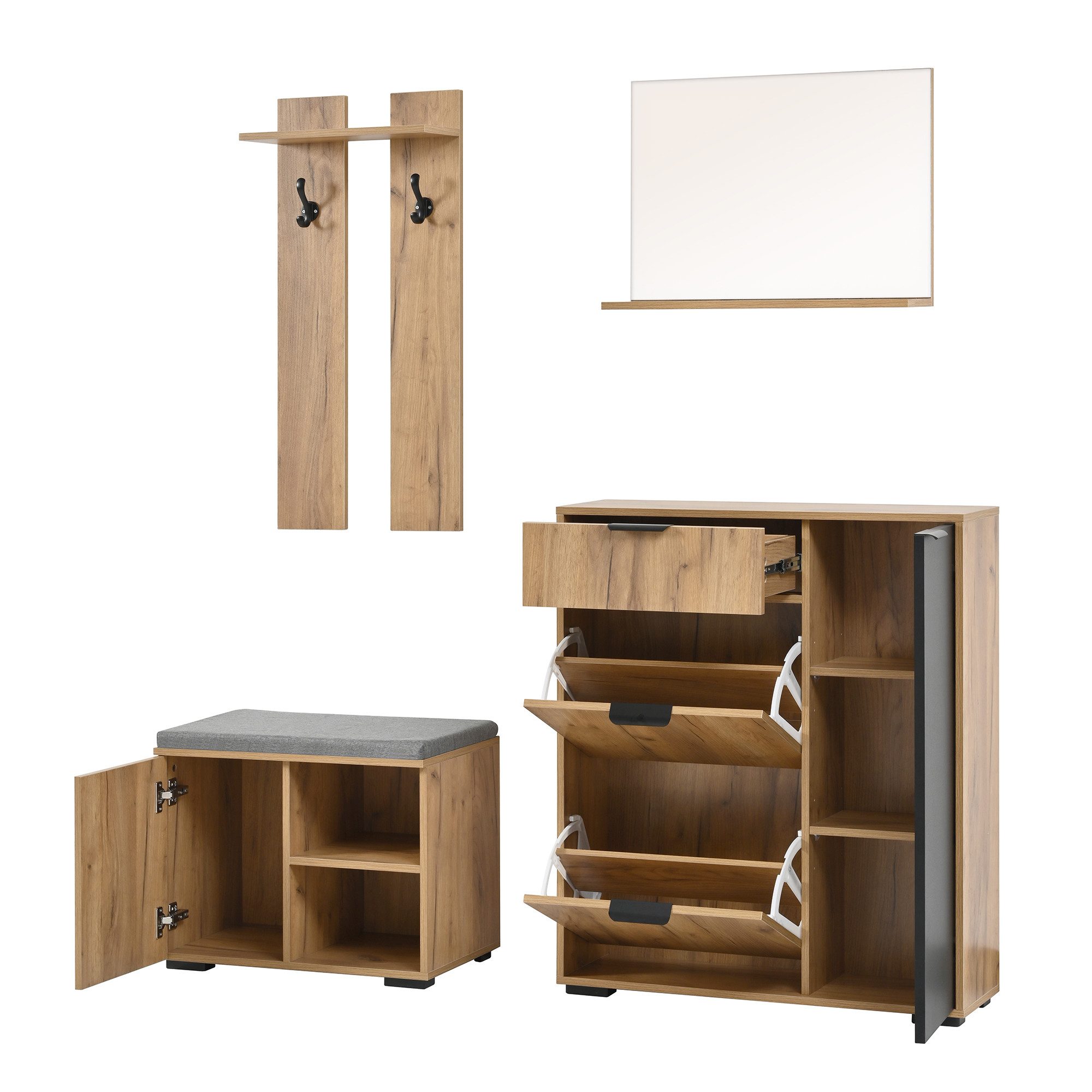 Flieks Garderoben-Set Garderobe mit 1 Spiegel, 2 Haken, Schuschrank und Sitzbank, (Set, 4-St), Flurmöbel-Set Schuhbank mit Sitzkissen, Schuhkommode mit 2 Klappe – Bild 4 von 5