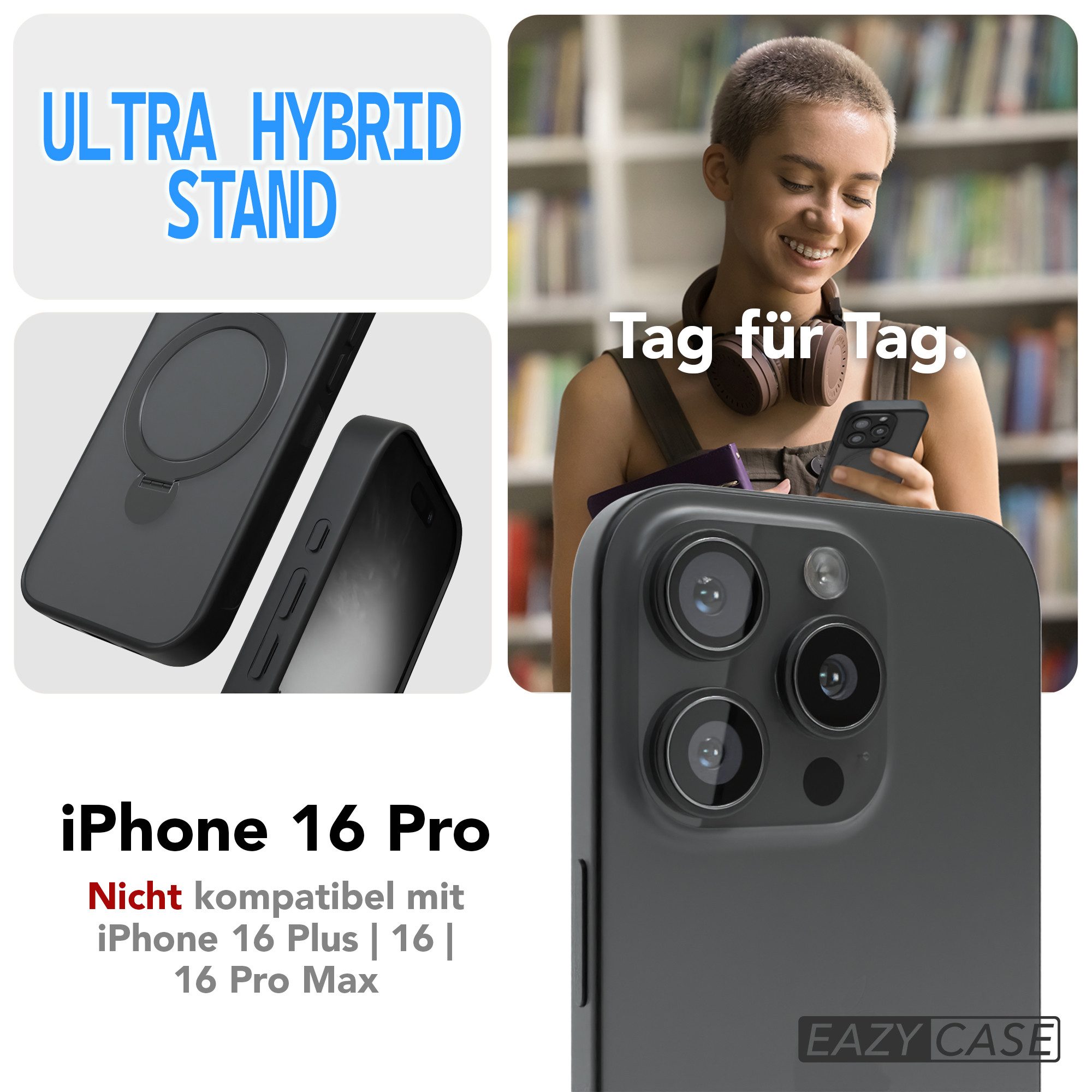 EAZY CASE Handyhülle Outdoor iPhone 16 Pro Case MagSafe Ring 6,3 Zoll, Outdoor Handy Hülle Bumper Schutzhülle Slim mit Kameraschutz Schwarz