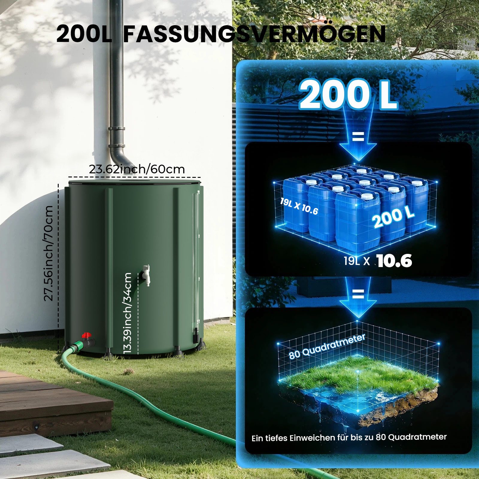 NACATIN Regentonne faltbare Regenwassertonne 200L, Regenwassertank, 200 l, (1-tlg), Regenwassersammler mit Deckel, Hahn & Überlaufschutz, wetterfest