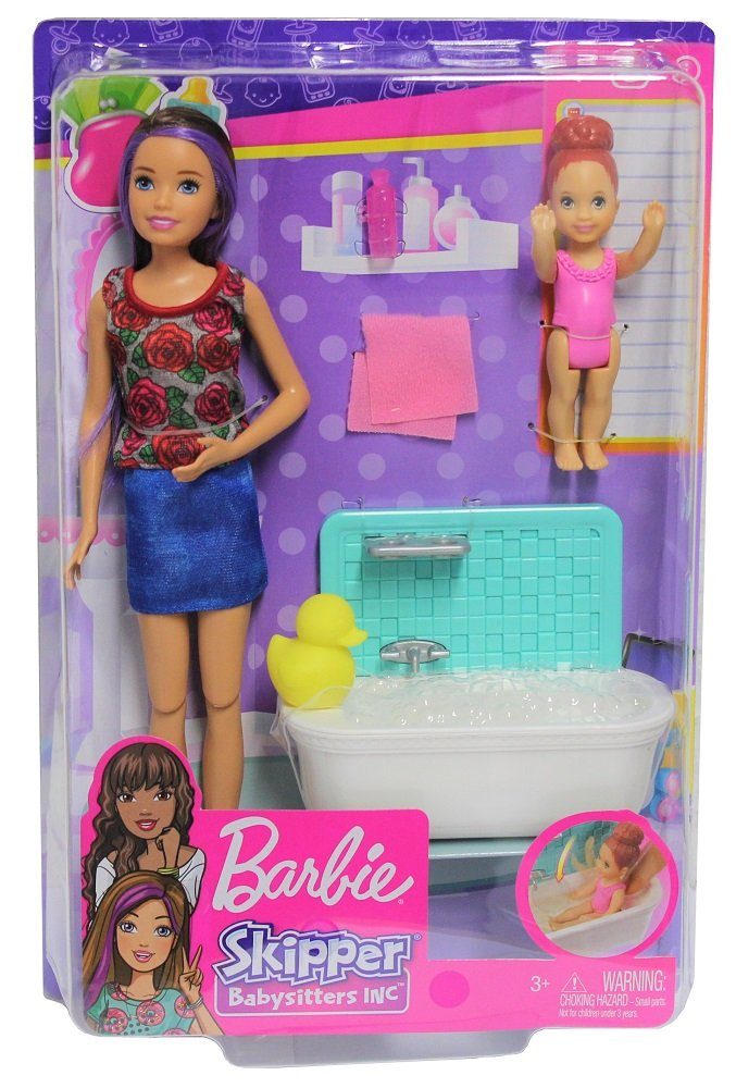 Barbie Anziehpuppe FXH05 Wanne) inkl. (3-tlg., Wanne Babysitter Skipper Spielset Barbie