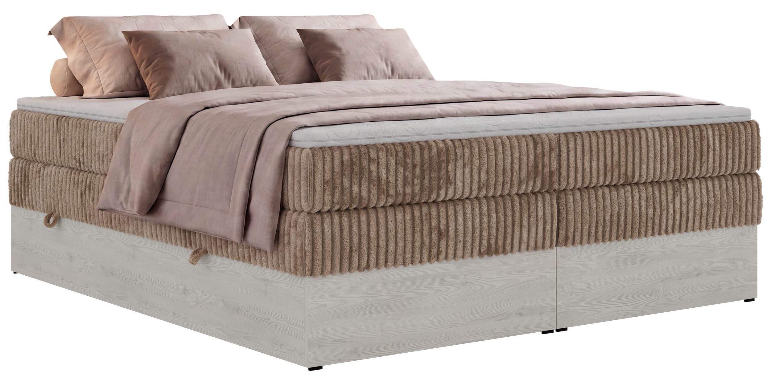 MKS MÖBEL Boxspringbett NORDIC ZERO KING (Boxbett mit dekorativen Holzelementen, kopfteillos, inklusive Multipocket-Matratze, 2 integrierte Bettkästen), Härtegrad H3/H4, wahlweise mit T25- oder Visco-Topper