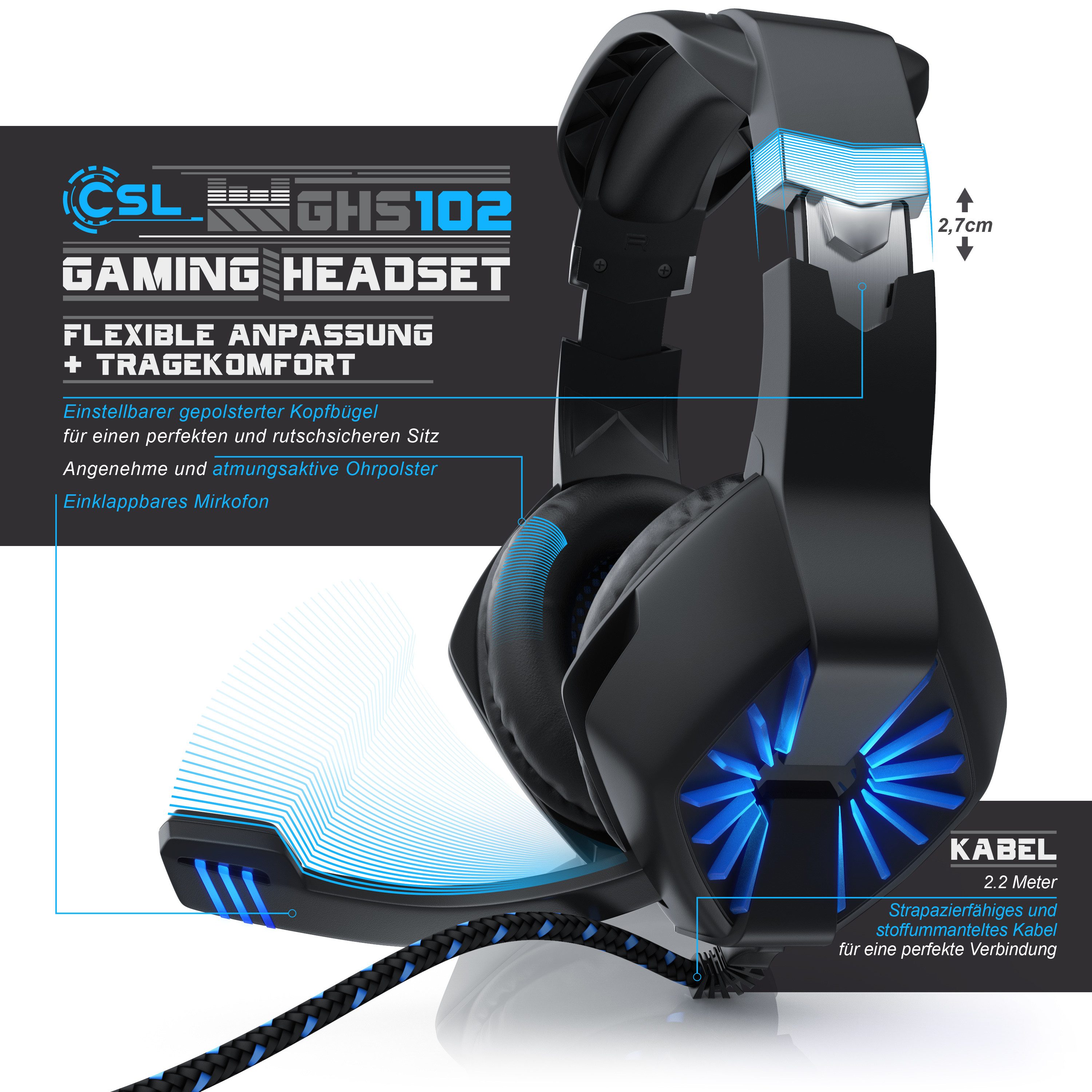 CSL 2x Gaming-Headset (GHS-102 USB Kopfhörer mit Mikrofon für Windows/Mac/Linux /PS4/PS4 Pro)