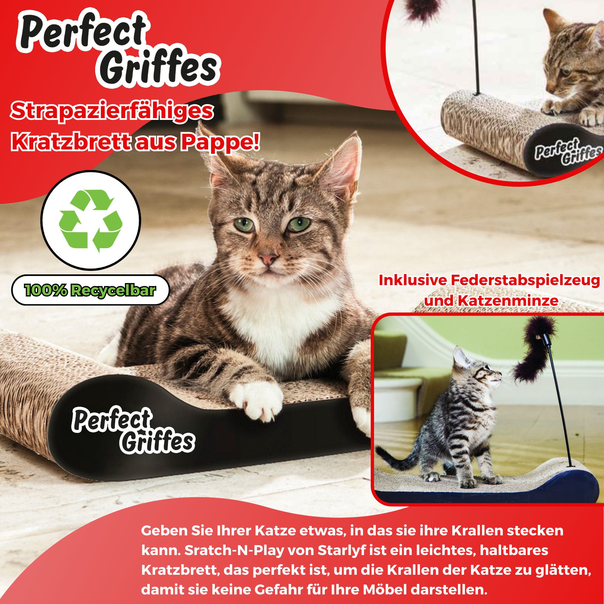 Venteo Kratzpappe Perfect Griffes, (Spar Set, 1-tlg., 1er, 2er oder 4er Pack), Kratzmatte aus Pappe, umweltfreundlich, langlebig, mit Feder