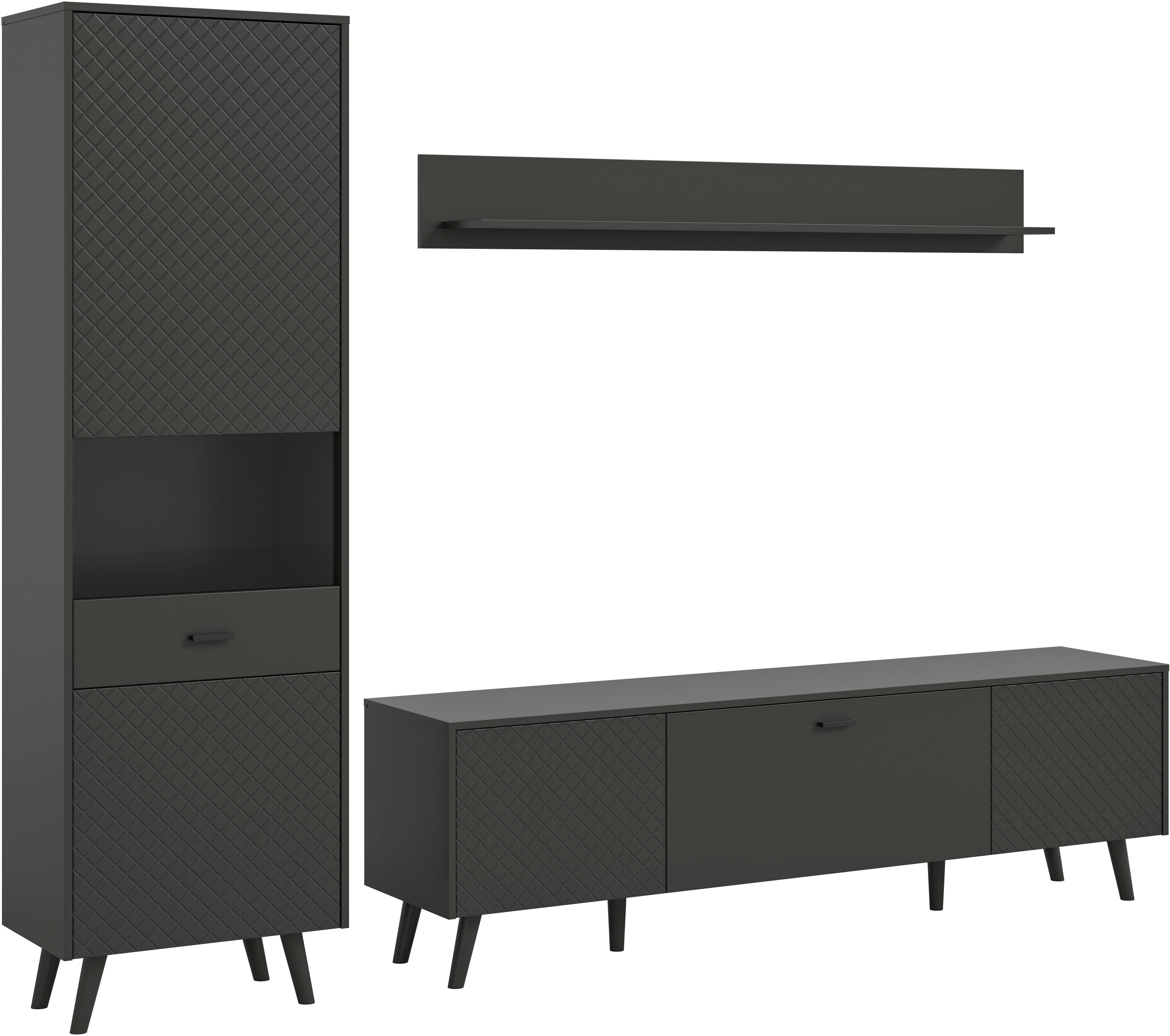Home affaire Wohnwand RHOMBUS, 3-tlg., hochwertige MDF-Front mit Karo-Optik, (Set, 3-St., Wohnkombination, Wohn-Kombi, Kombi, Wohnzimmer), best. aus: Vitrine, Lowboard & Wandboard