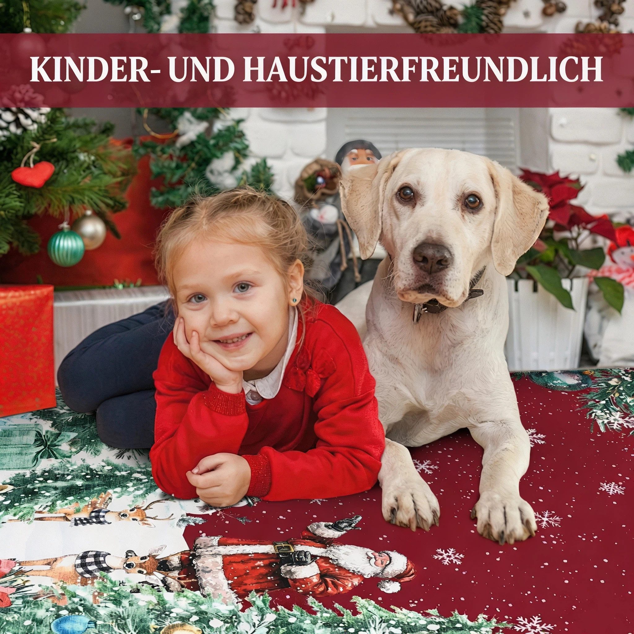GarveeMore Teppich Rot Weihnachtsteppich mit Santa, Rentieren, Schneemann und Tannen, Höhe: 5 mm – Bild 5 von 5
