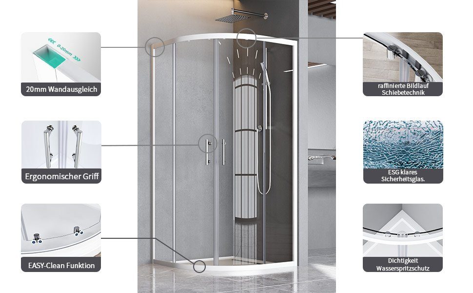 Boromal Runddusche 90x90 radius 55 cm Duschkabine Viertelkreis Schiebetür Weiß Glas, BxT: 90x90 cm, 5mm Sicherheitsglas, Duschwand für Dusche, Easy Clean Funktion, 16 Türrollen, Alu profil 20mm Verstellbereich, Magnetdichtleisten