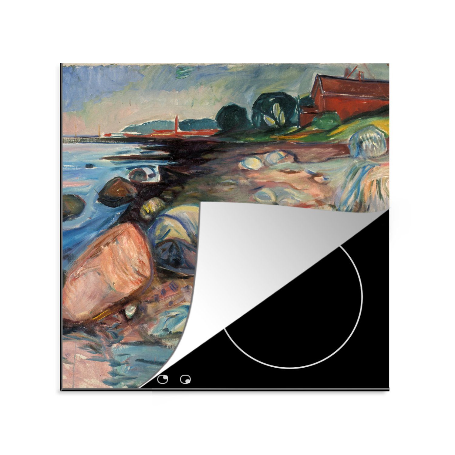 MuchoWow Herdblende-/Abdeckplatte Bank mit rotem Haus - Edvard Munch, Vinyl, (1 tlg), 78x78 cm, Ceranfeldabdeckung, Arbeitsplatte für küche | Herdabdeckplatten