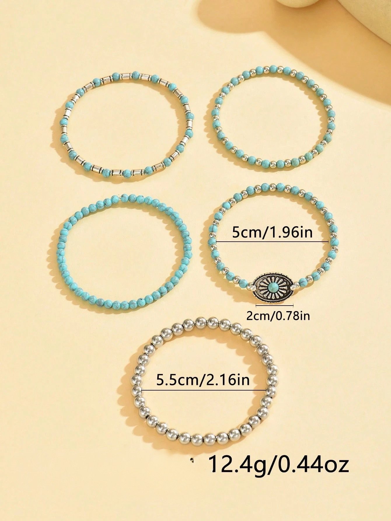 The Beauty House Armband Set Boho Armband Set, türkis & silber, Perlenarmbänder mit Sonnenanhänger (5-teilig)