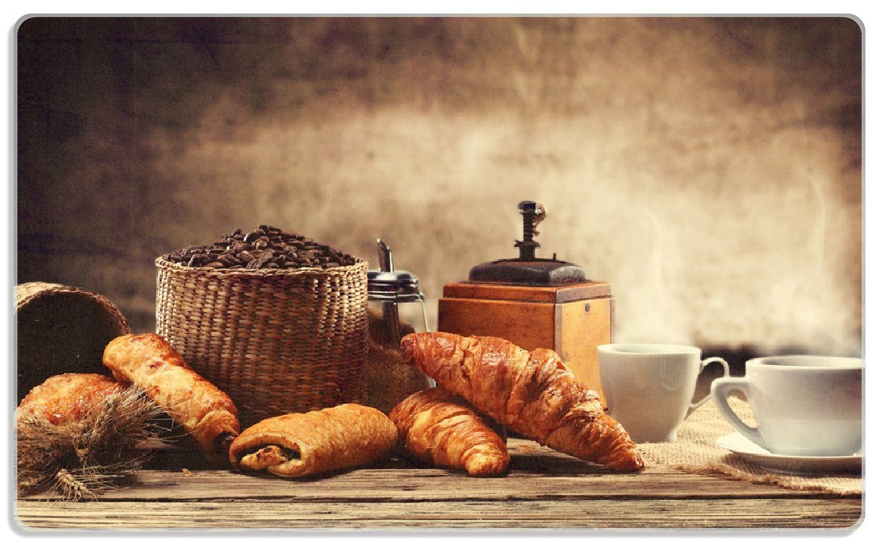 Wallario Frühstücksbrett Französisches Frühstück mit Café und Croissants, ESG-Sicherheitsglas, (inkl. rutschfester Gummifüße 4mm, 1-St), 14x23cm