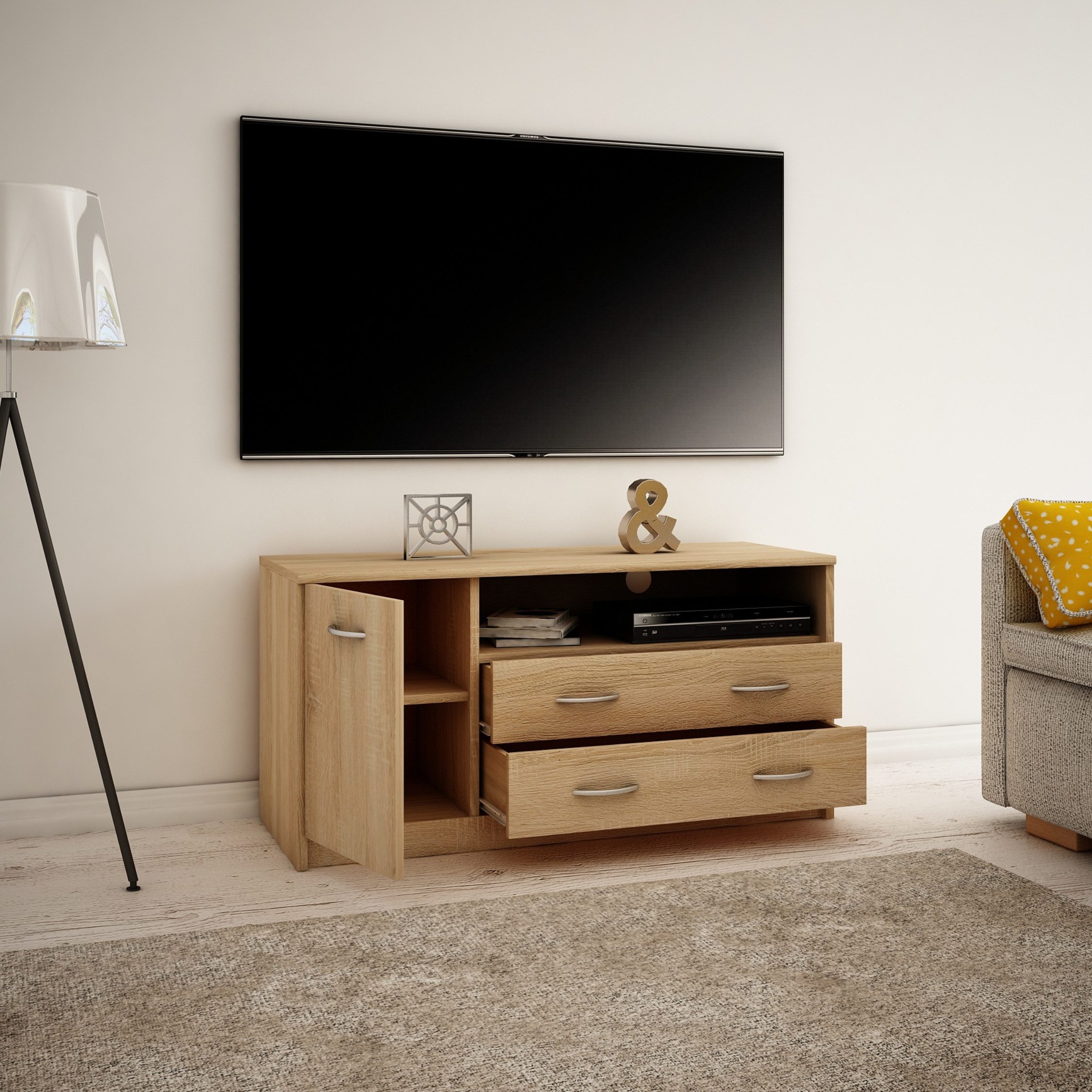 Home Collective TV-Schrank 110cm breit Lowboard mit matter Oberfläche Fernsehtisch mit 1 Tür (abgerundete Kante und Metall-Rollschienen Fernsehkommode) 2 Schubladen und 2 Regalen aus laminiertem Board sonoma