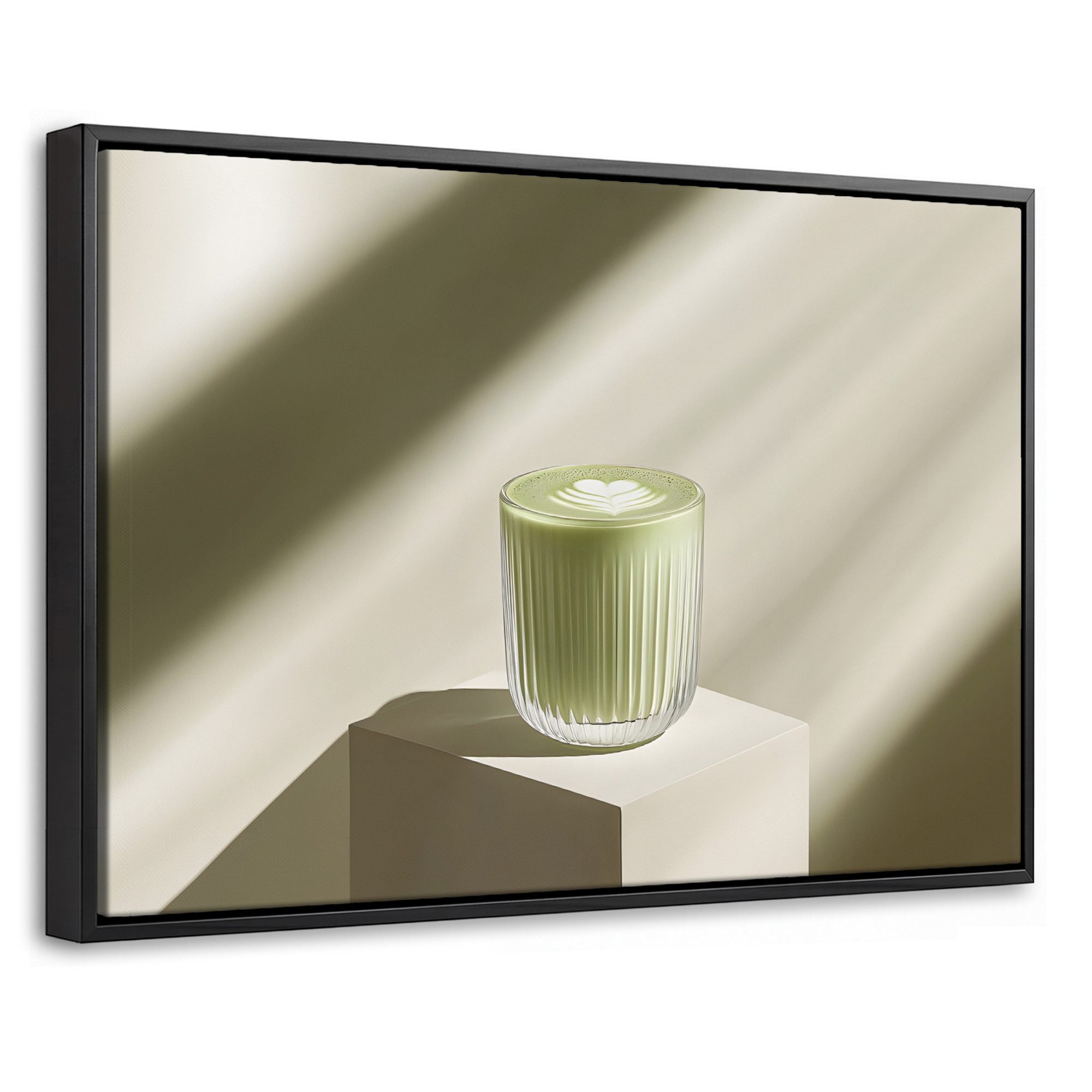 OneMillionCanvasses® Leinwandbild mit Rahmen - Matcha - Glas - Grün - Minimalistisch, Fotodruck (1 St), Wandbilder für Esszimmer, Wanddeko Bilder Küche, 30x20cm