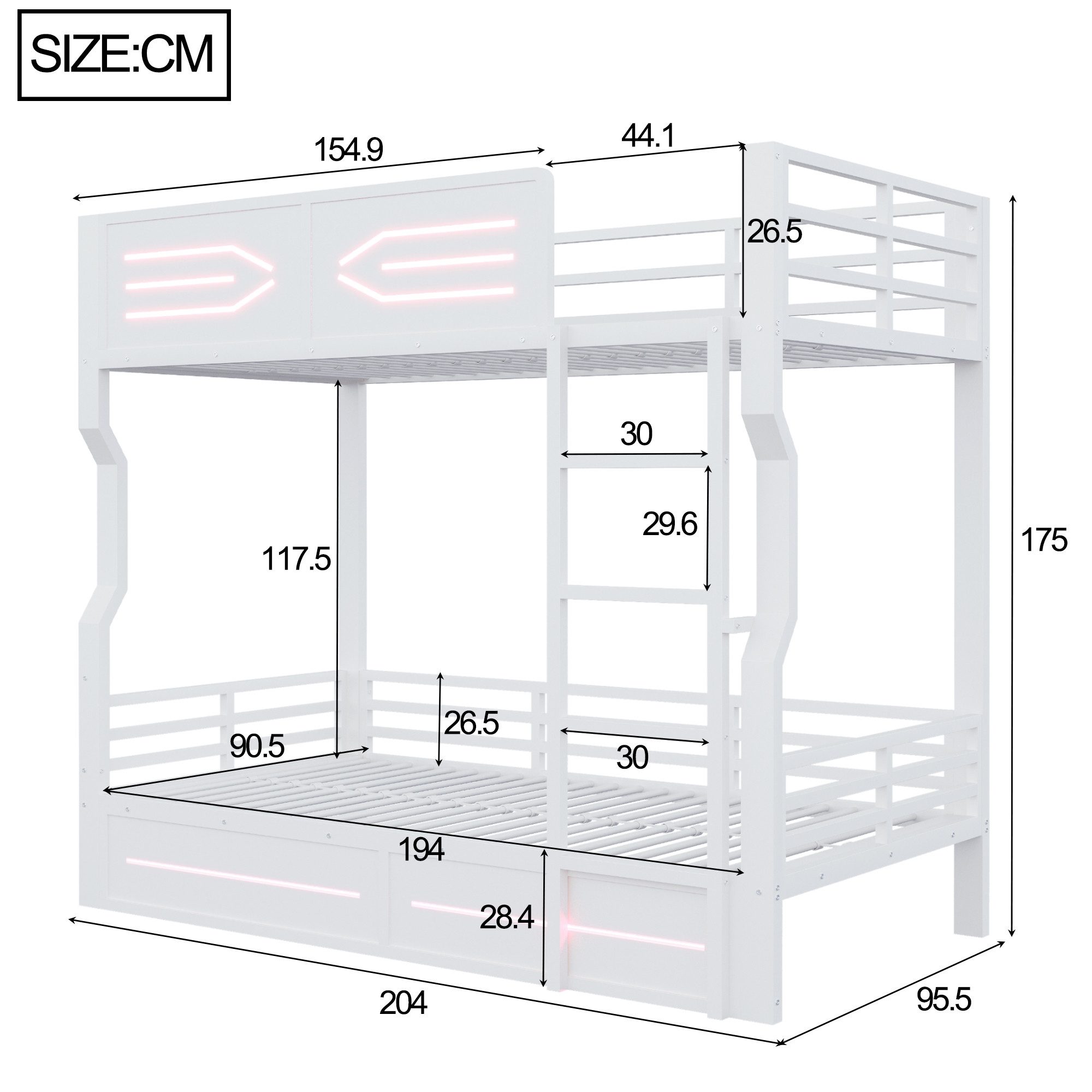 Merax Etagenbett 90x200cm mit LED-Beleuchtung, Hochbett Eisenbett (1-St), Metallbett Stockbett Kinderbett mit Sicherheitsgitter und Leiter – Bild 5 von 5